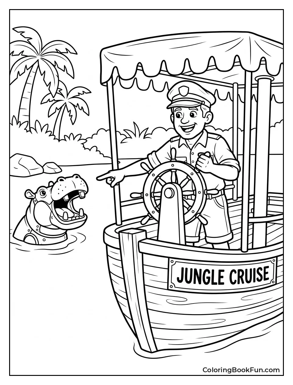 Skipper Steers Boat near Hippo