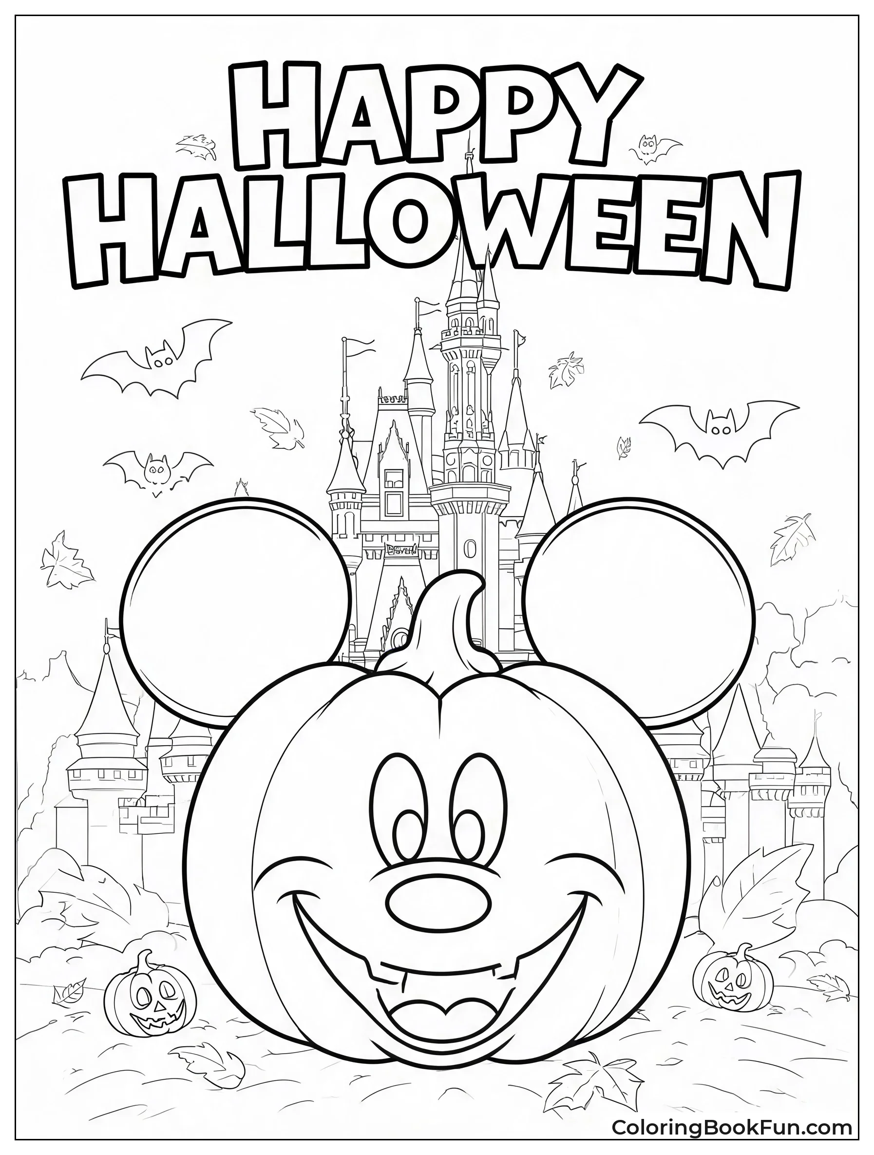 Mickey Pumpkin Sits near Decorations