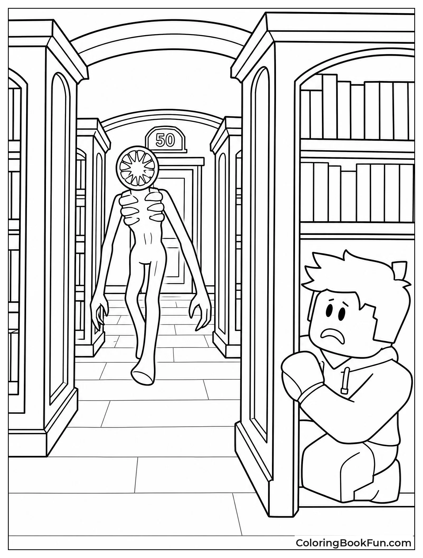 Figure Roaming Library Shelves