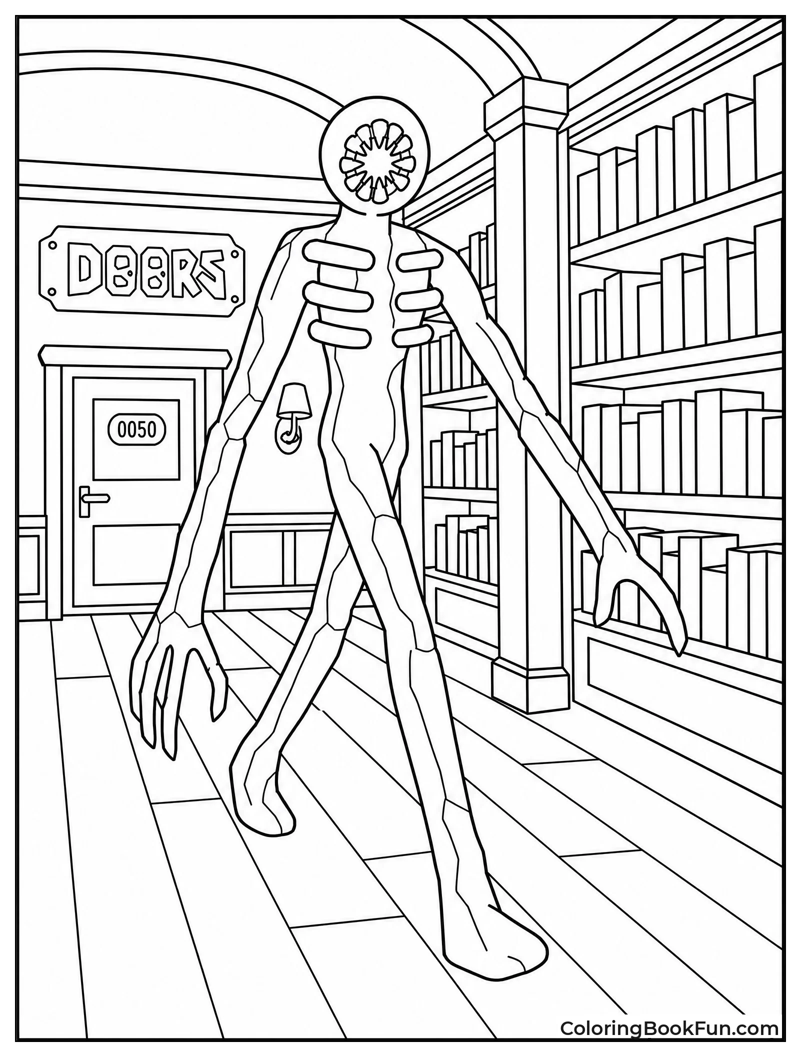 Figure Walking Past Bookshelves
