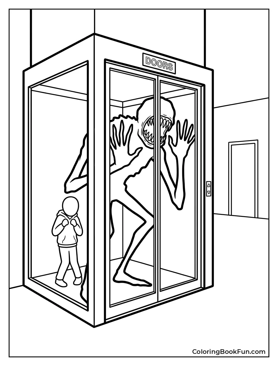 Figure Pounding on Elevator Glass