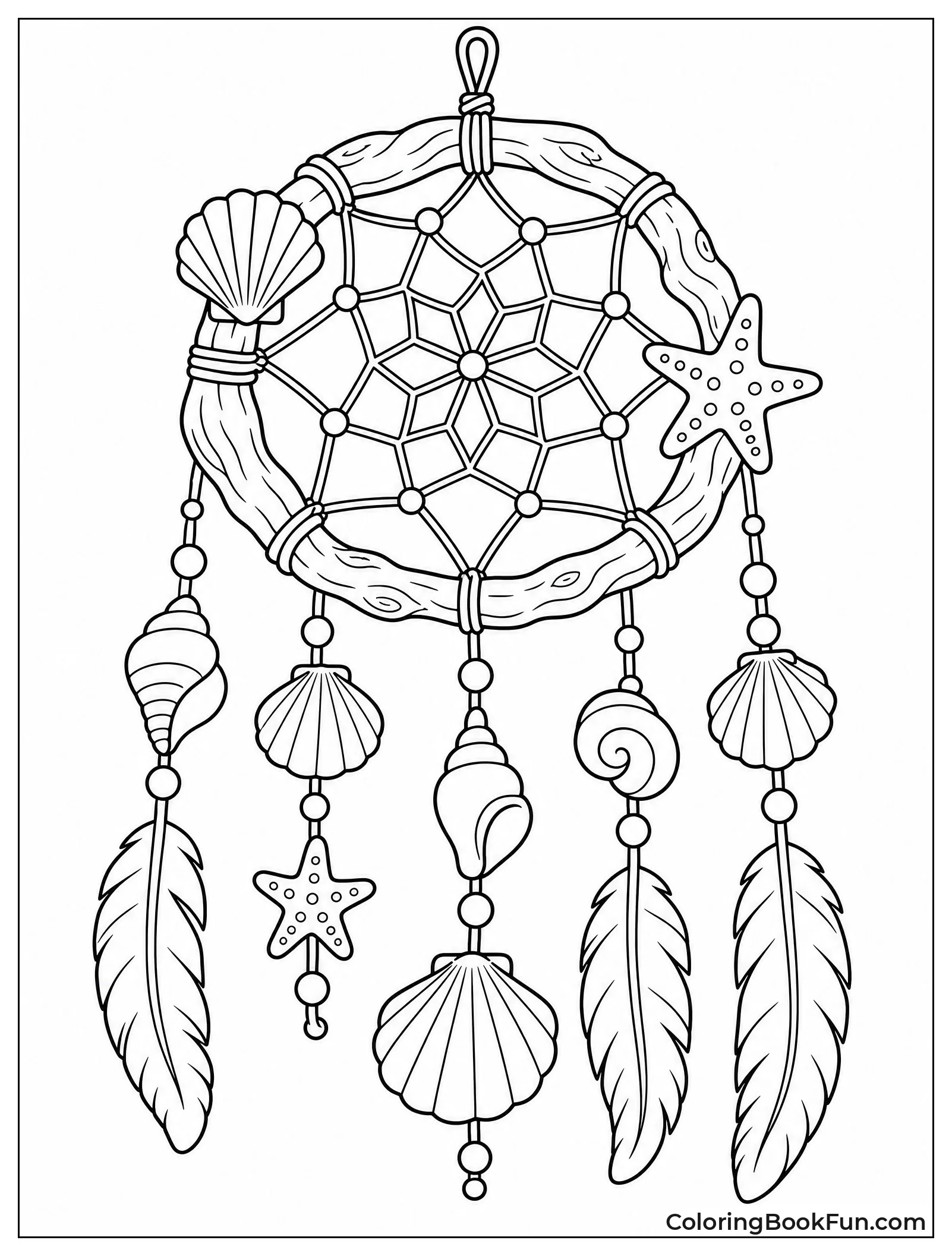 Seashells Dangle from Driftwood Hoop
