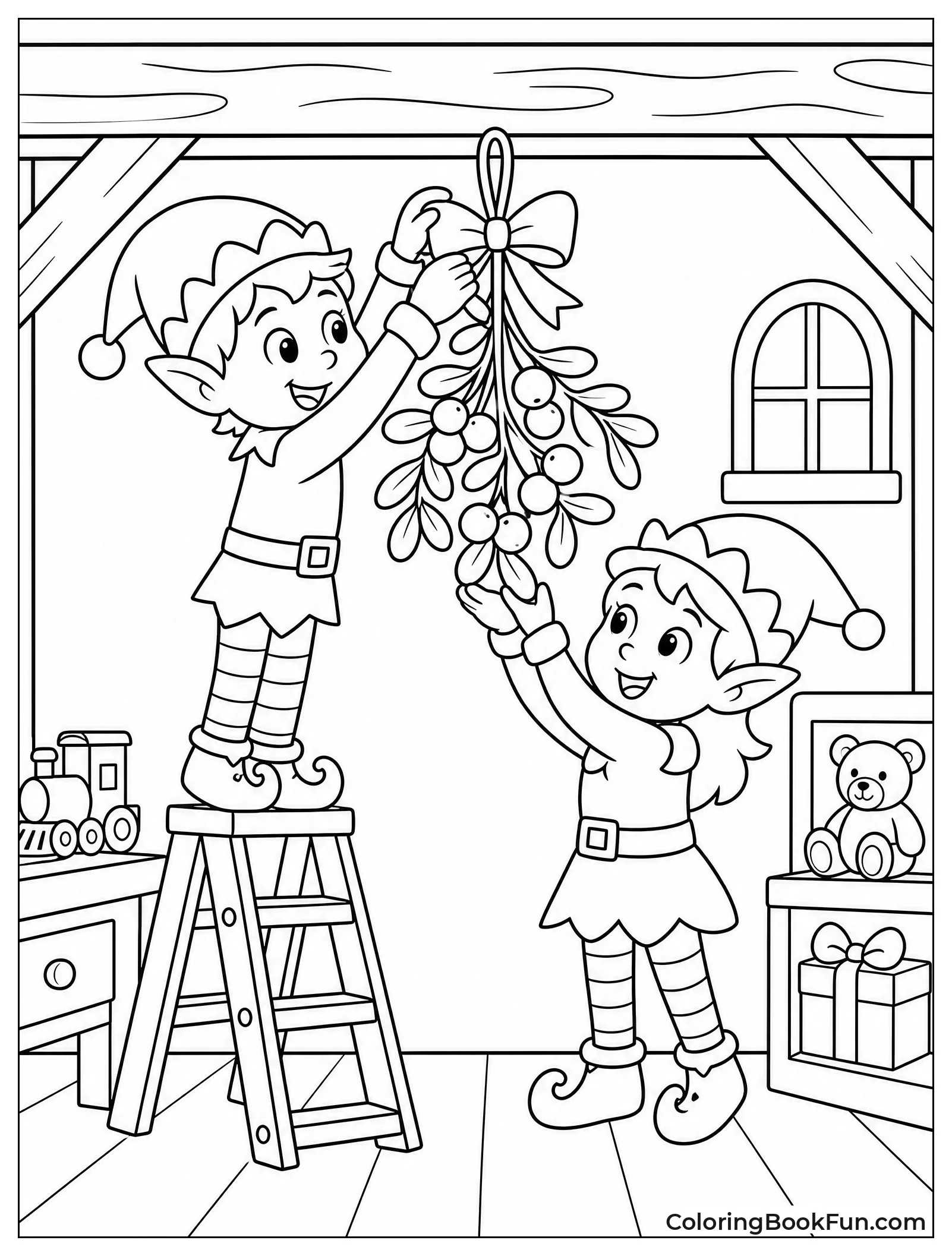 Elves Hanging Mistletoe in Workshop