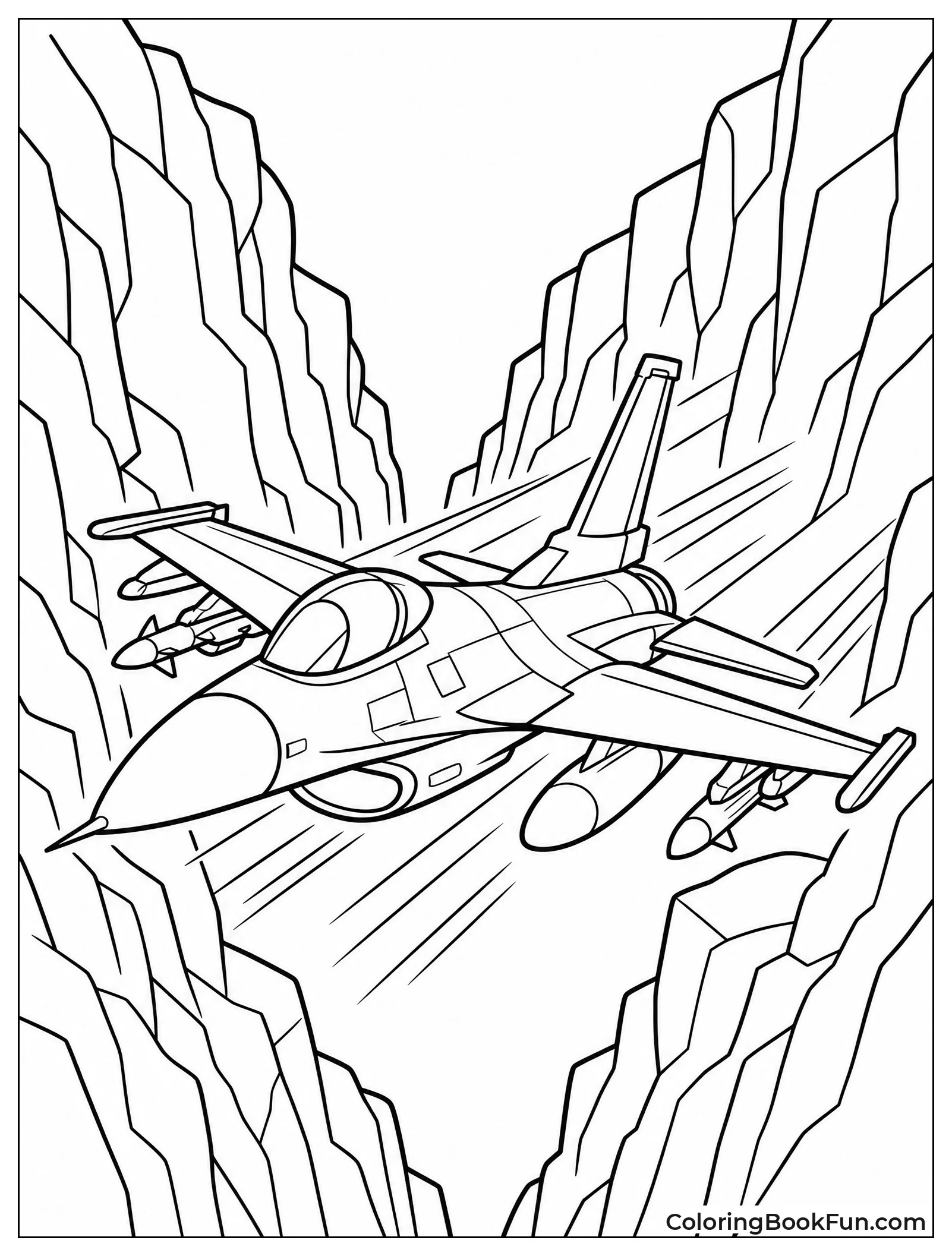 Jet Flying Through Rocky Canyon