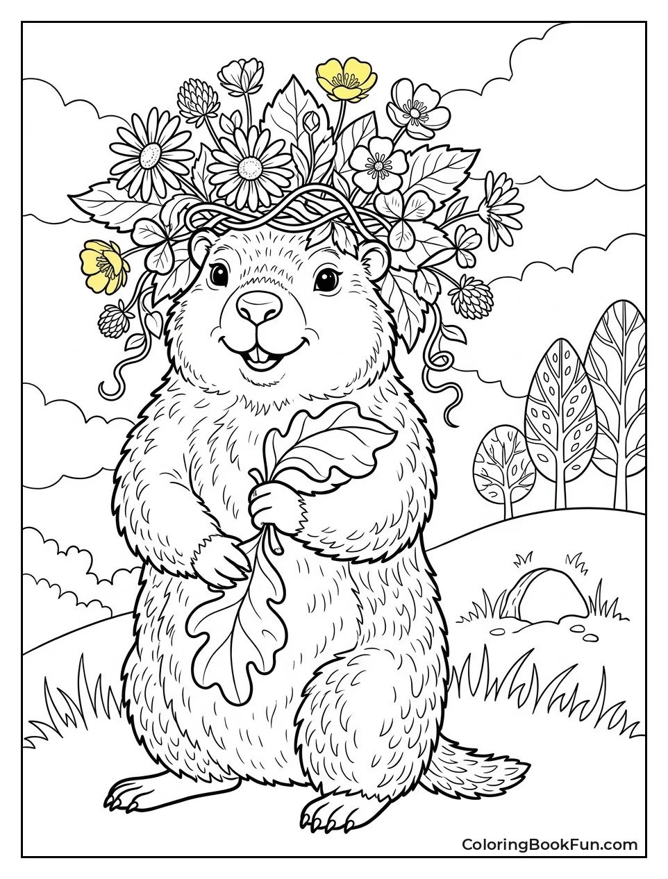 Groundhog Wearing a Flower Crown