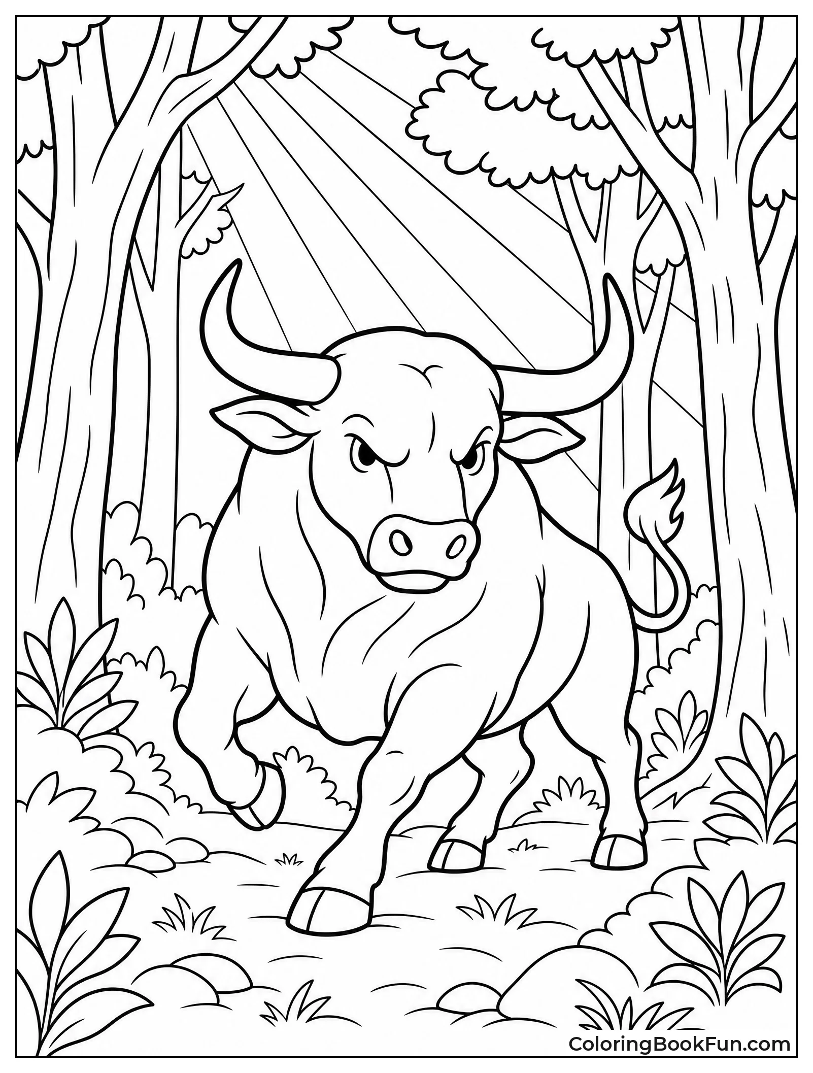 Bull Walking Through Forest Trees