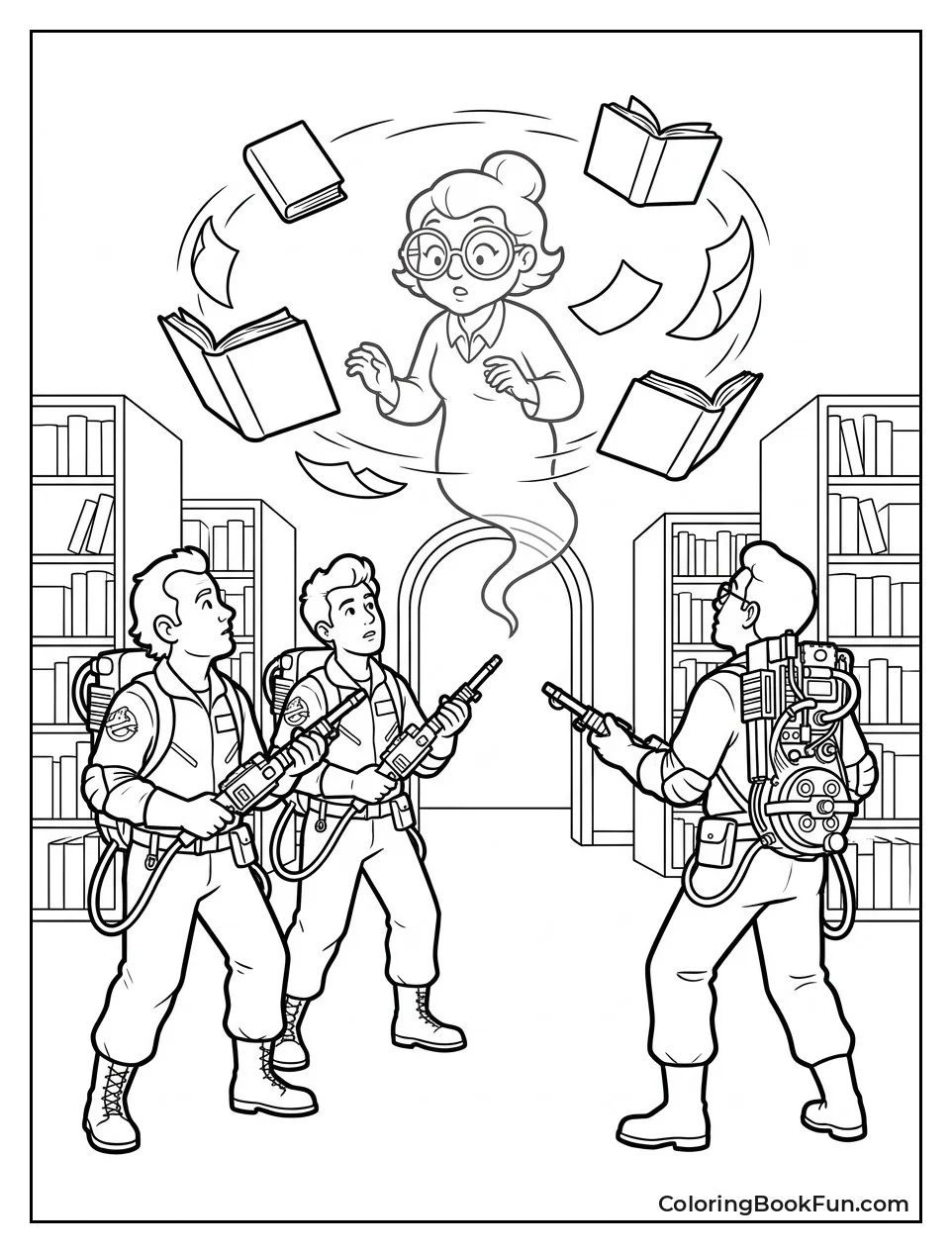 Team Facing Library Ghost with Flying Books