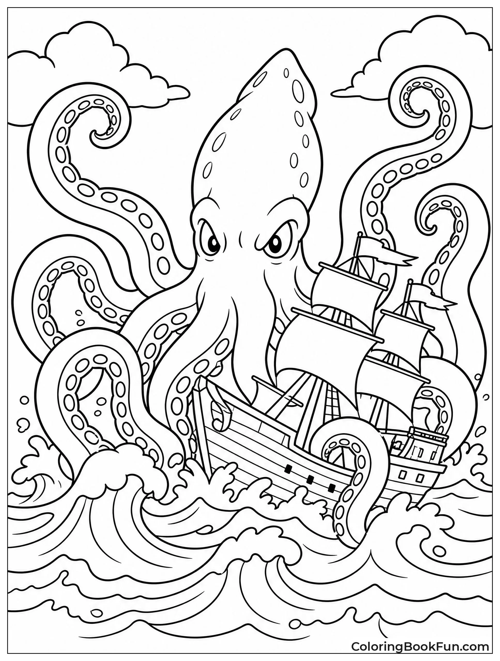 Giant Kraken Rising from Waves