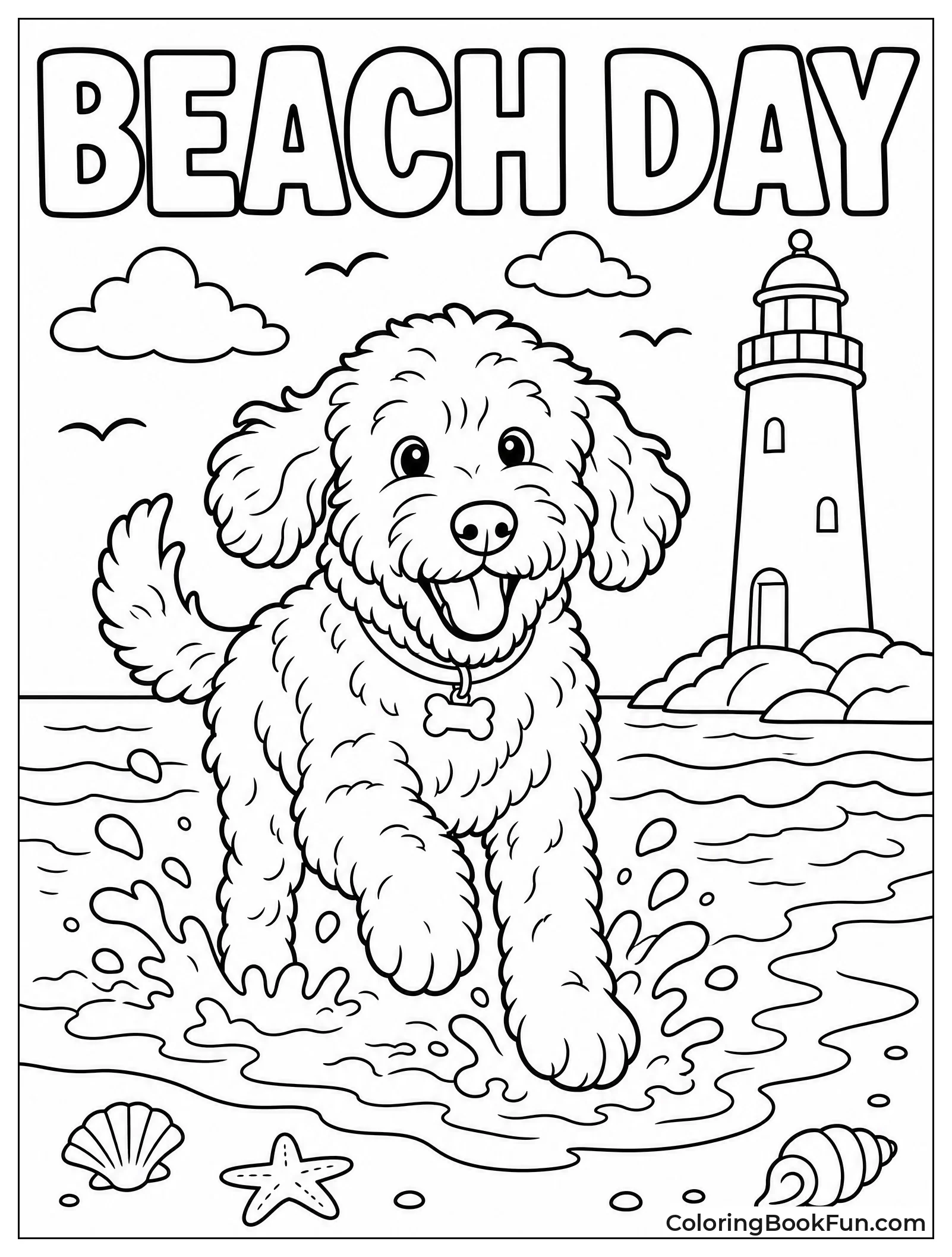 Goldendoodle Splashes Through Ocean Waves