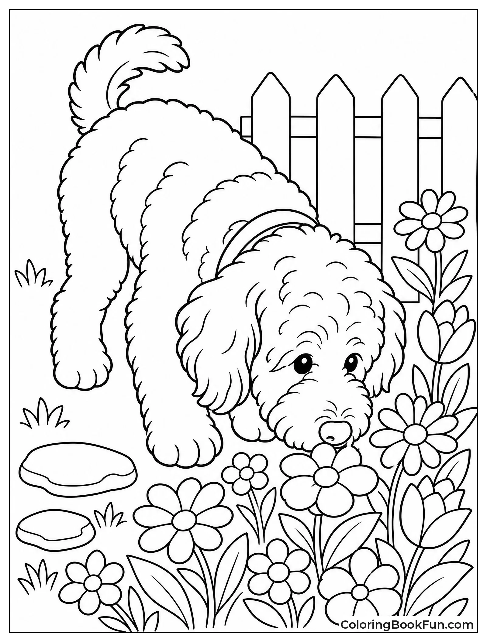 Dog Sniffs Colorful Garden Flowers