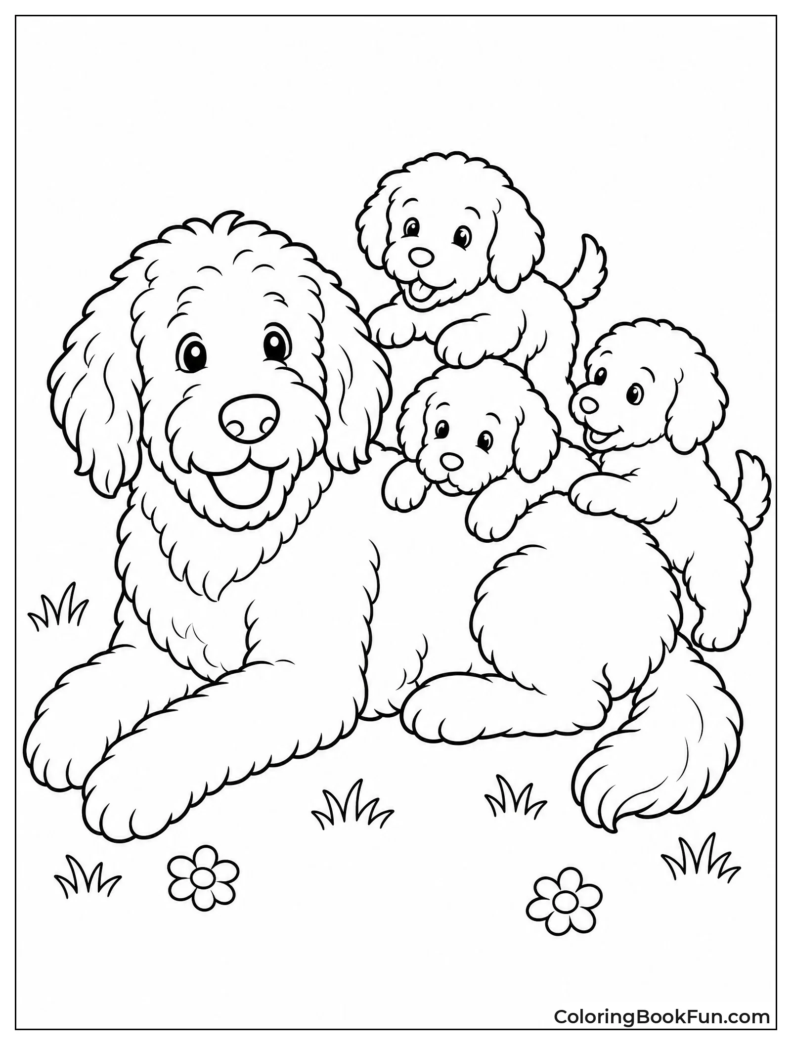Mom Dog With Three Playful Puppies