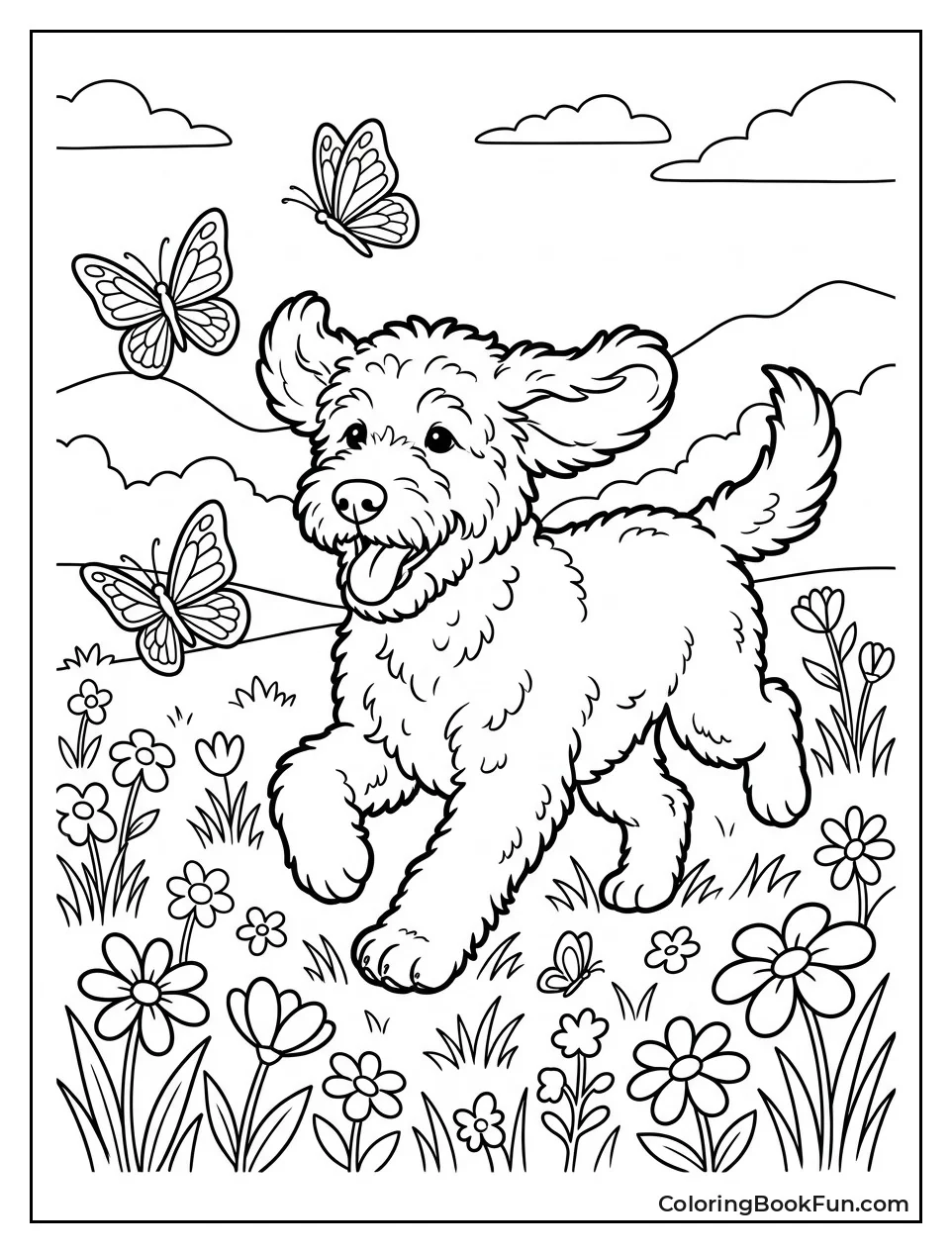 Goldendoodle Chases Butterflies in Meadow