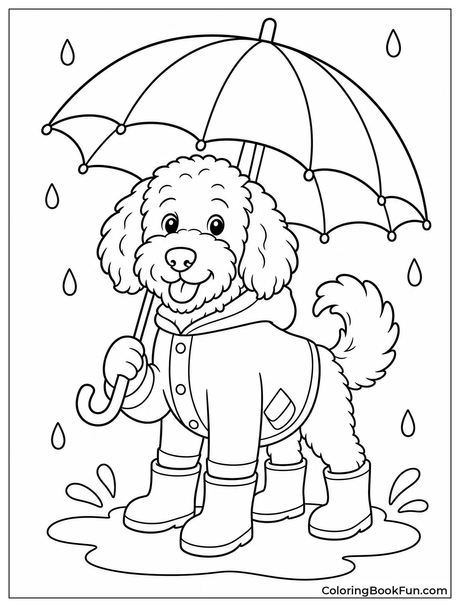 Dog Wears Raincoat Under Umbrella