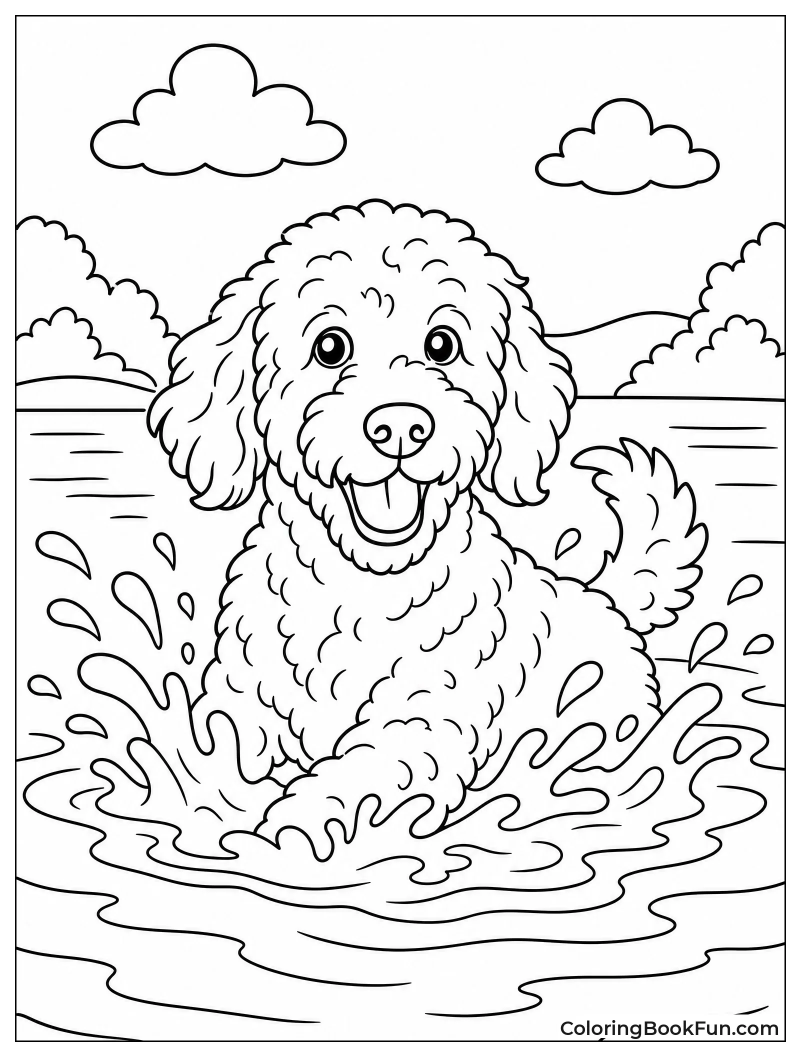 Goldendoodle Swims in Splashing Lake