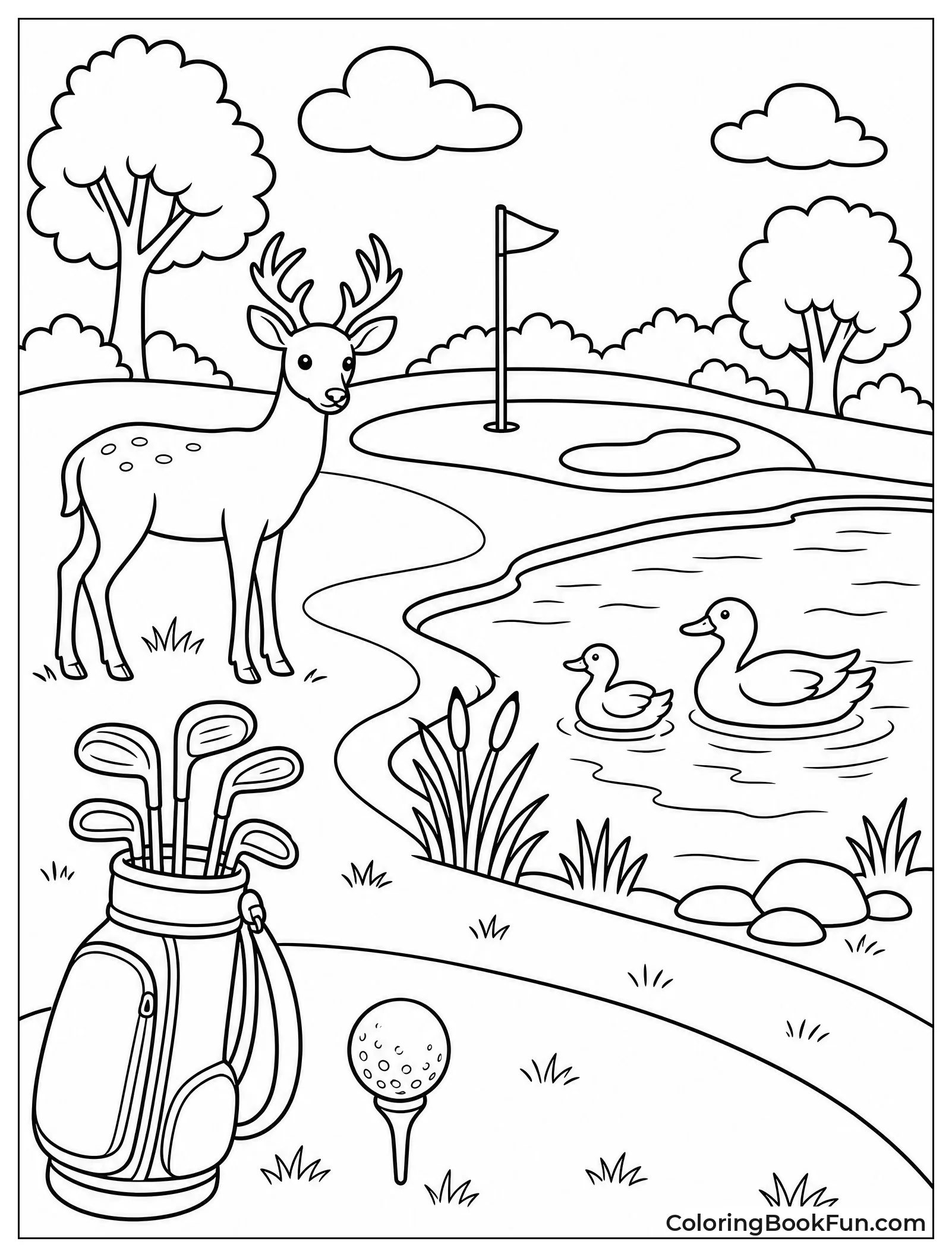 Deer and Ducks Stand Near the Water