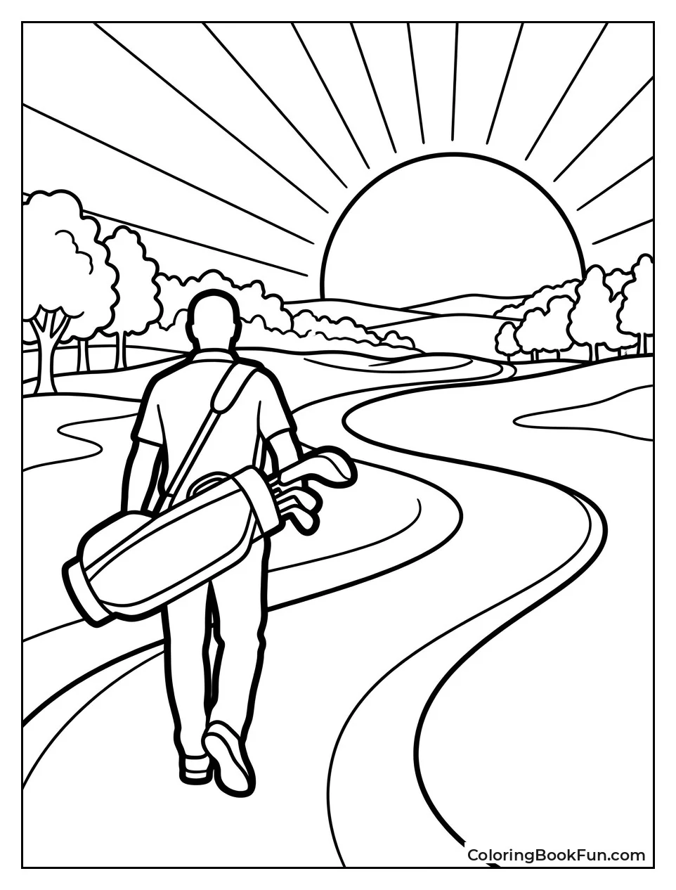 Golfer Walks on a Sunset Fairway
