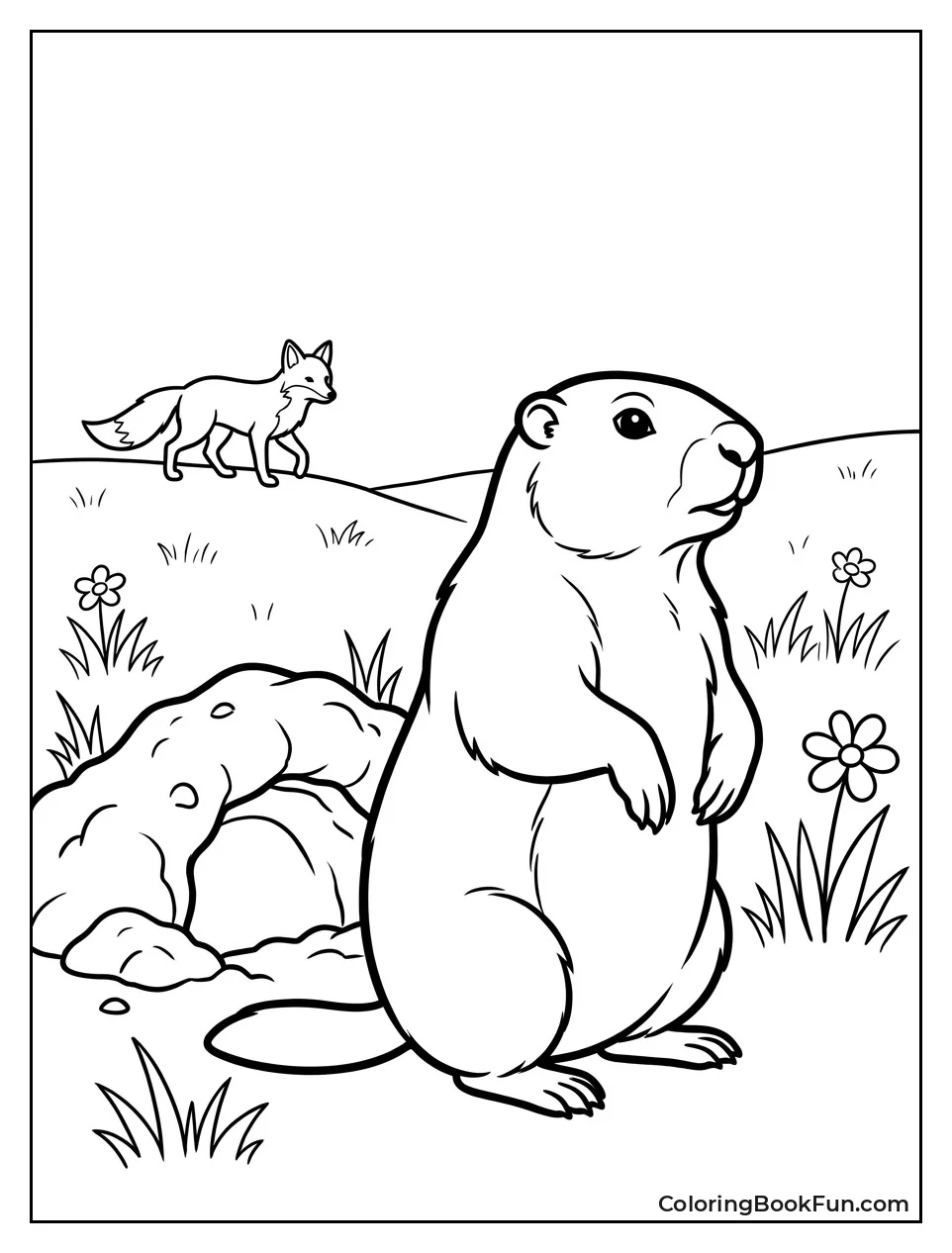 Groundhog Watching a Distant Fox