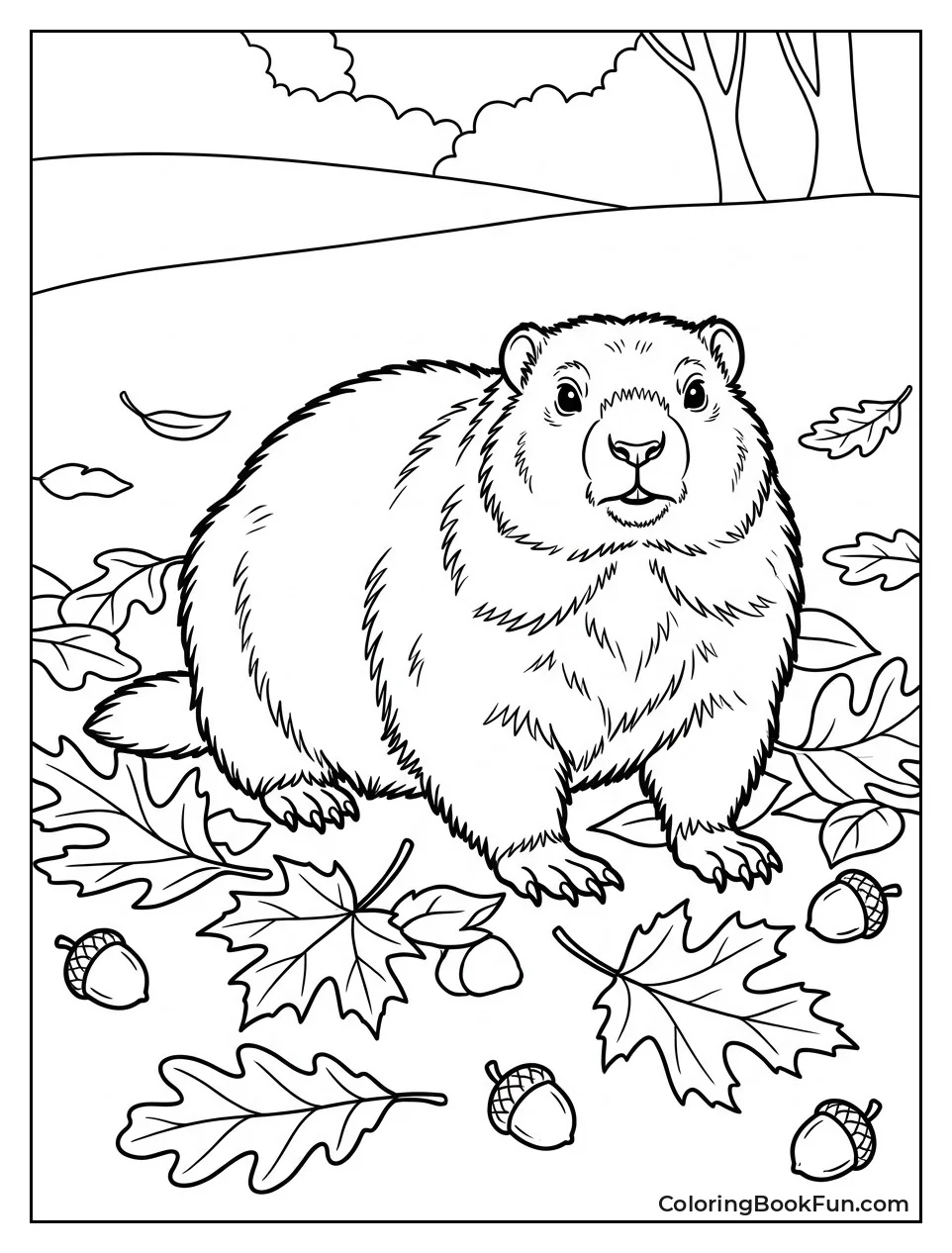 Plump Groundhog in Autumn Leaves