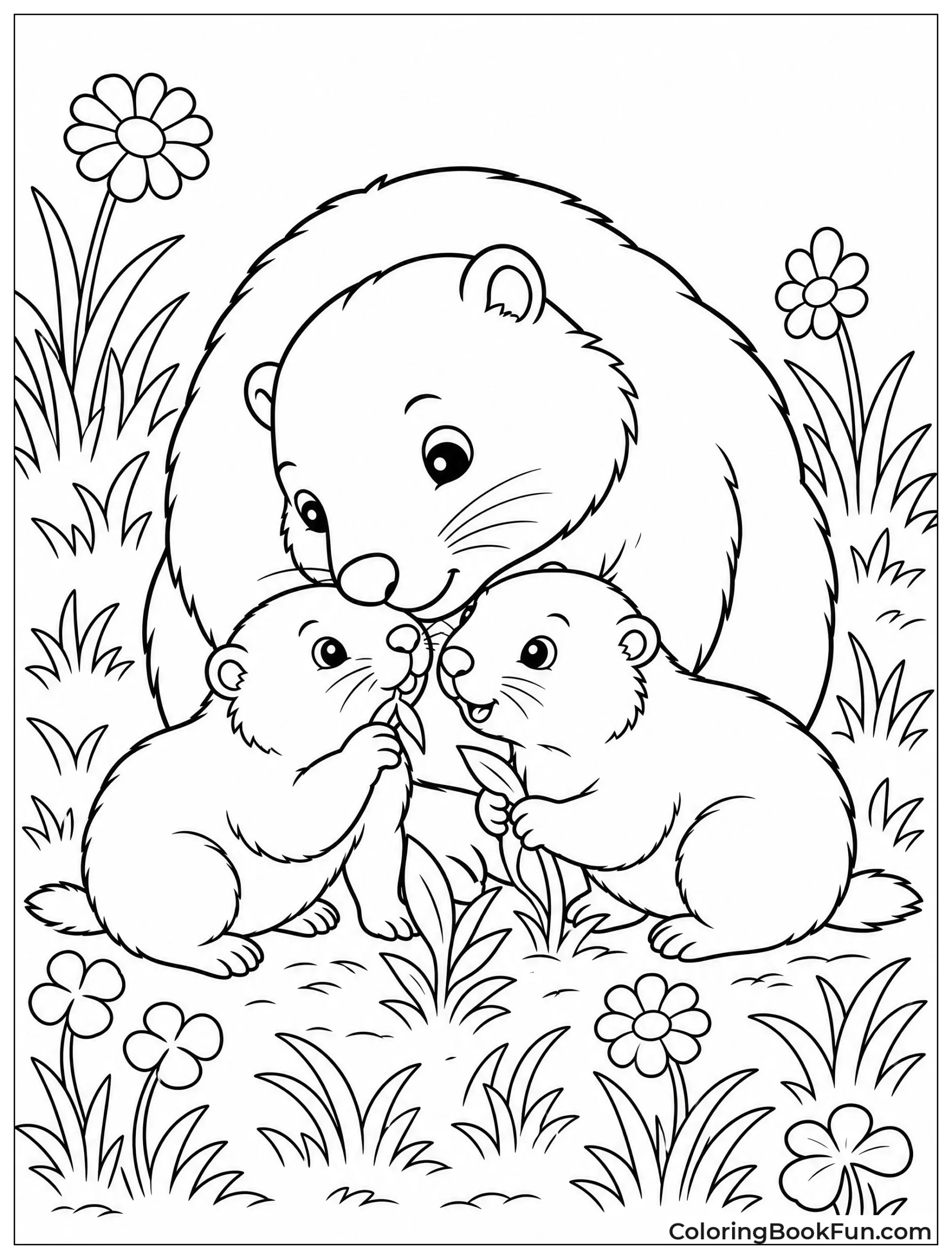 Groundhog Family Foraging Together