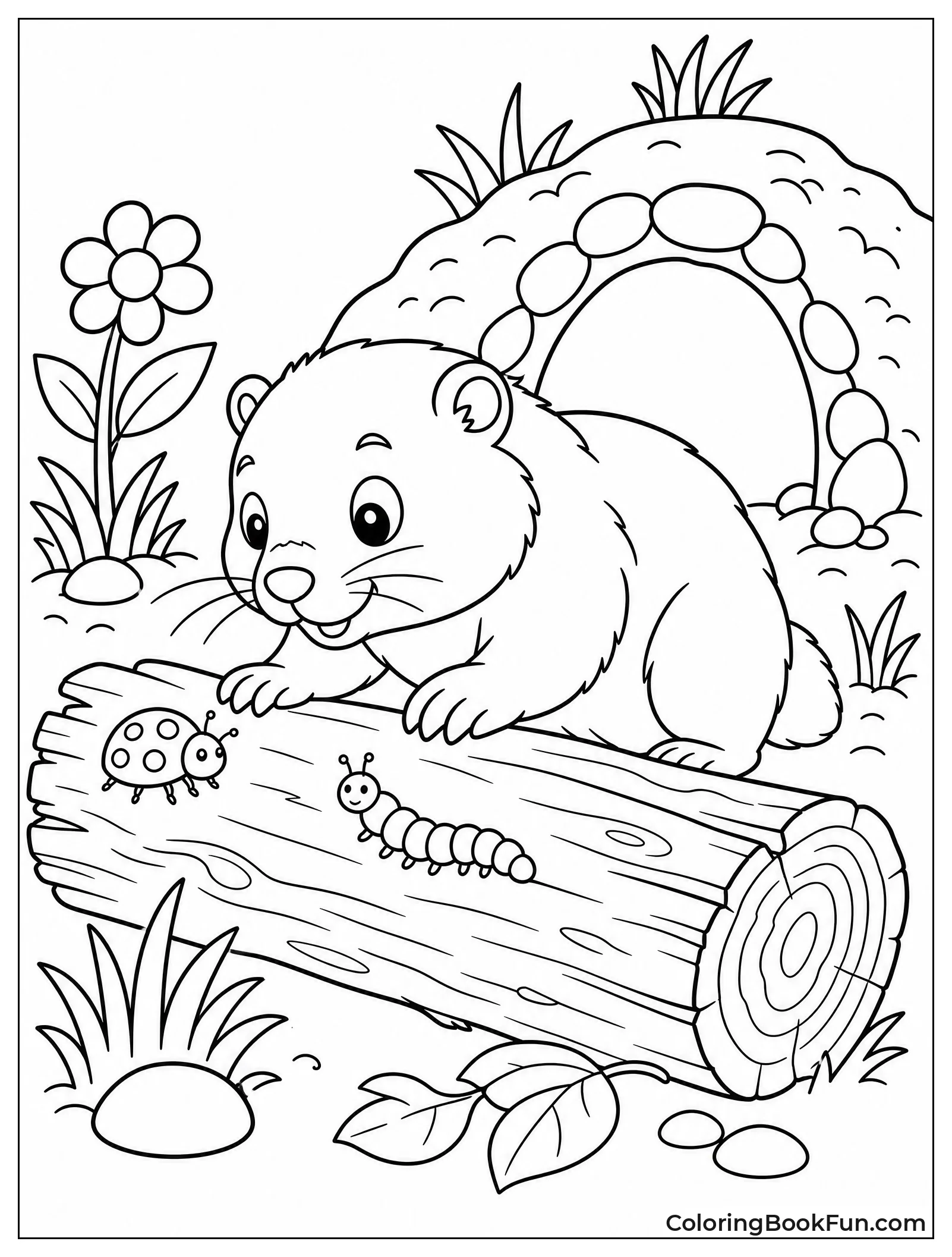 Young Groundhog Exploring Near a Log