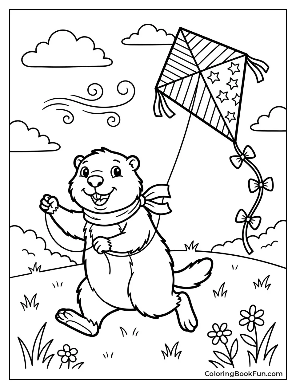 Groundhog Flying a Colorful Kite