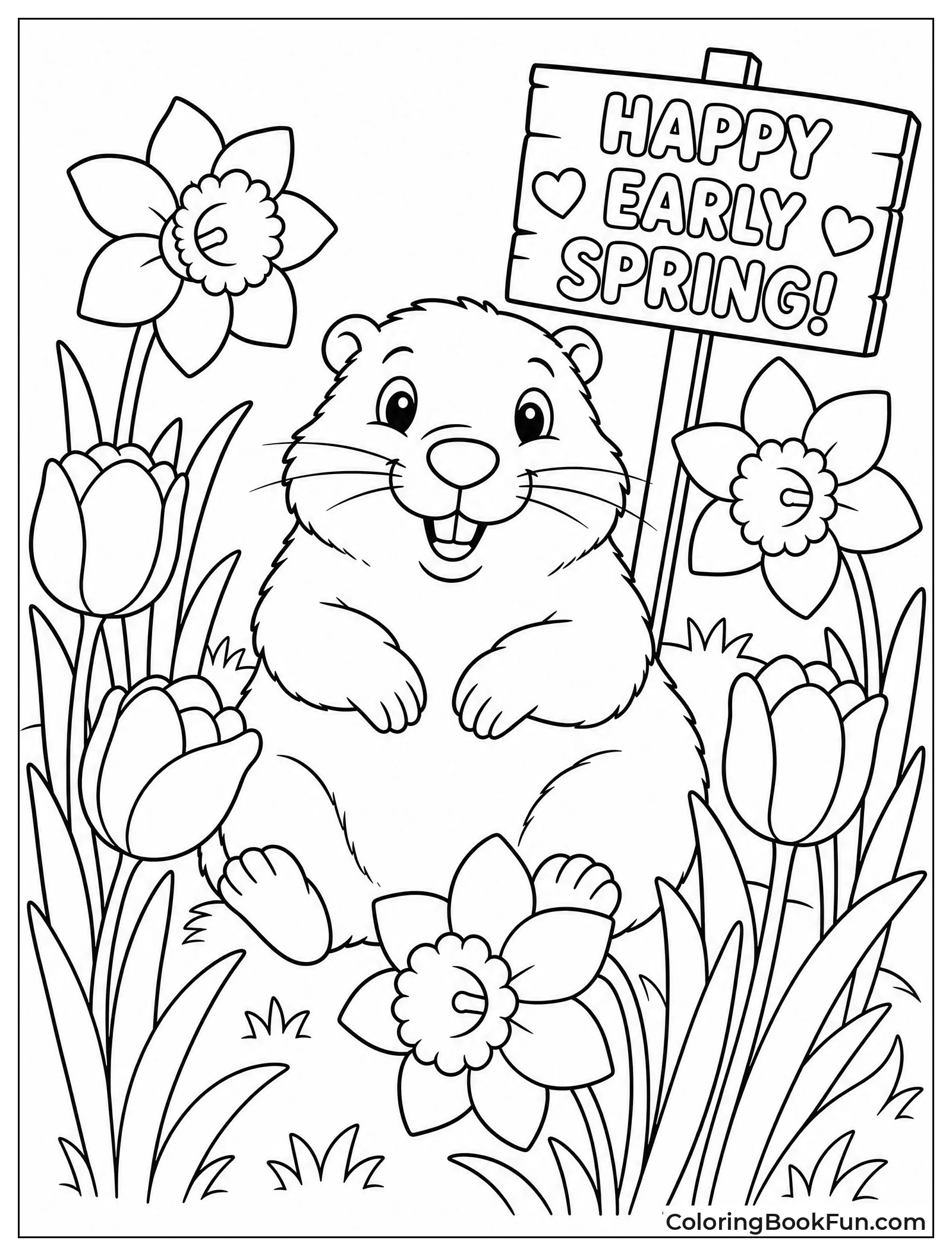 Groundhog Sitting Among Spring Flowers