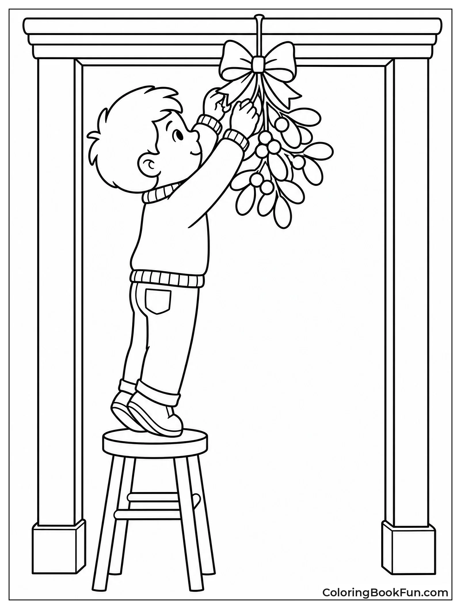 Kid Standing on Stool to Hang Mistletoe