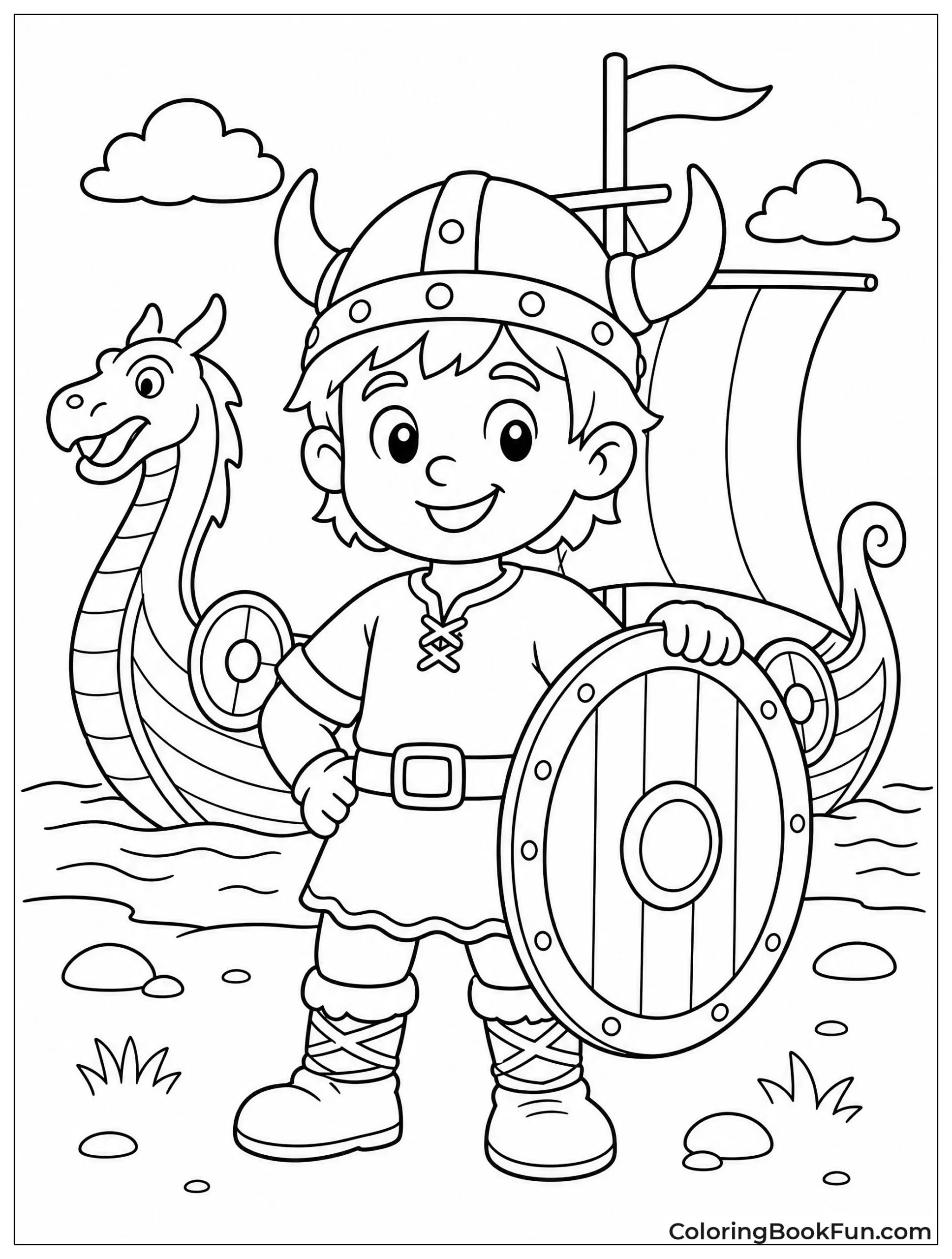 Cartoon Viking Boy Holds Shield