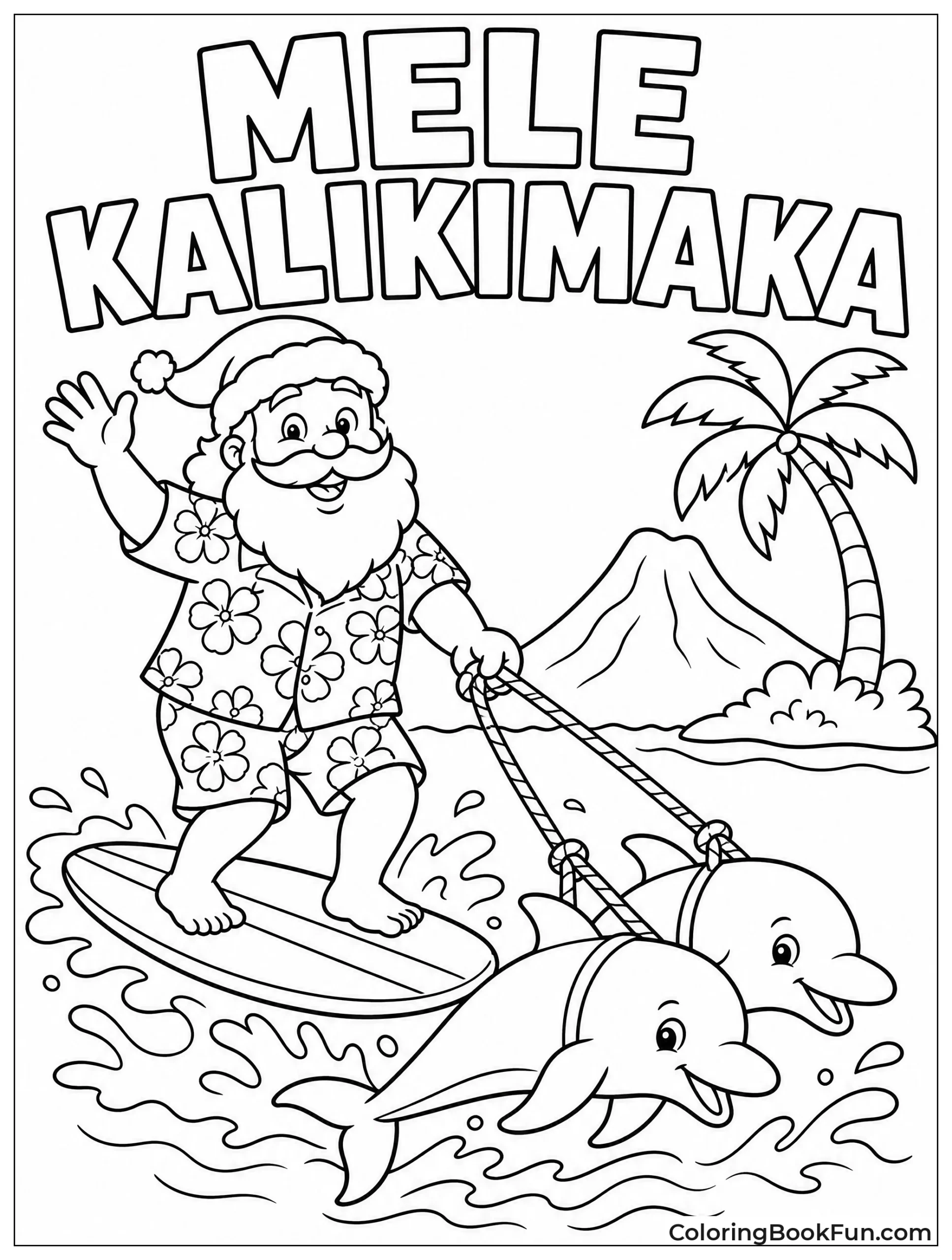 Santa Rides Surfboard with Dolphins