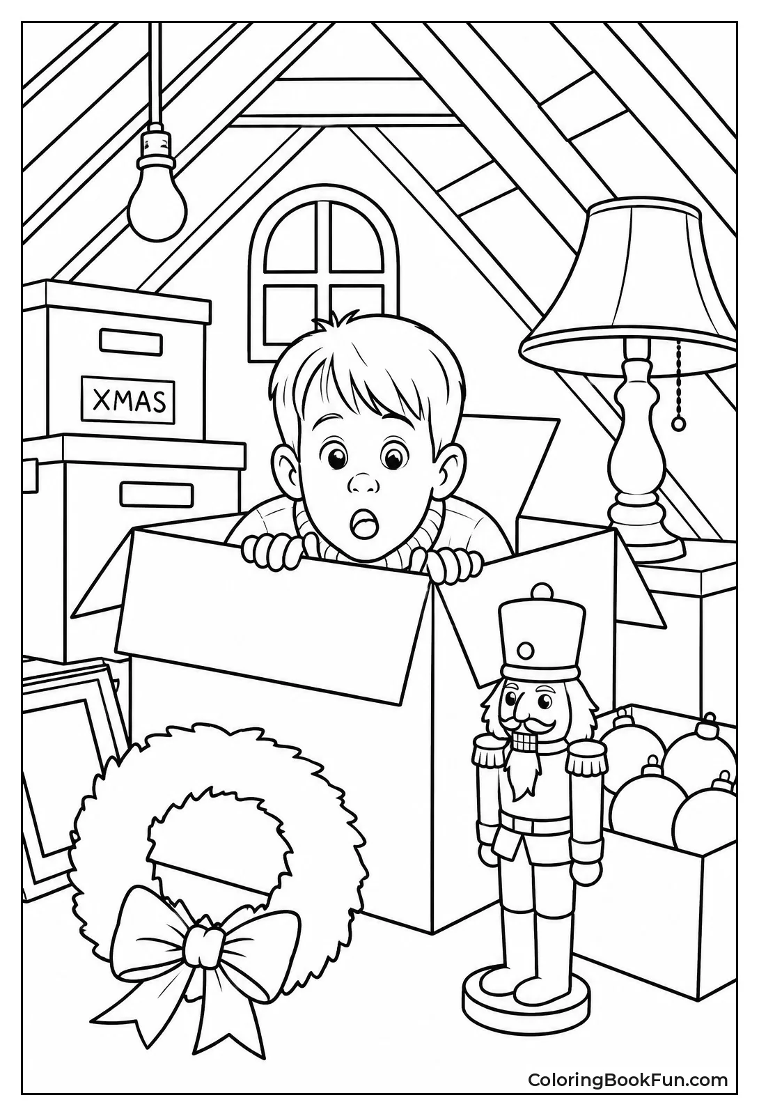 Kevin Plays in Attic with Boxes
