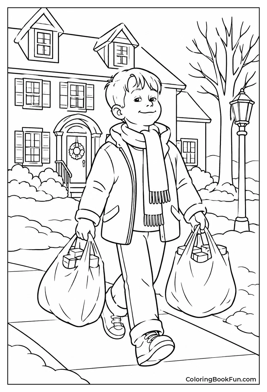 Kevin Walks Through Snow with Bags