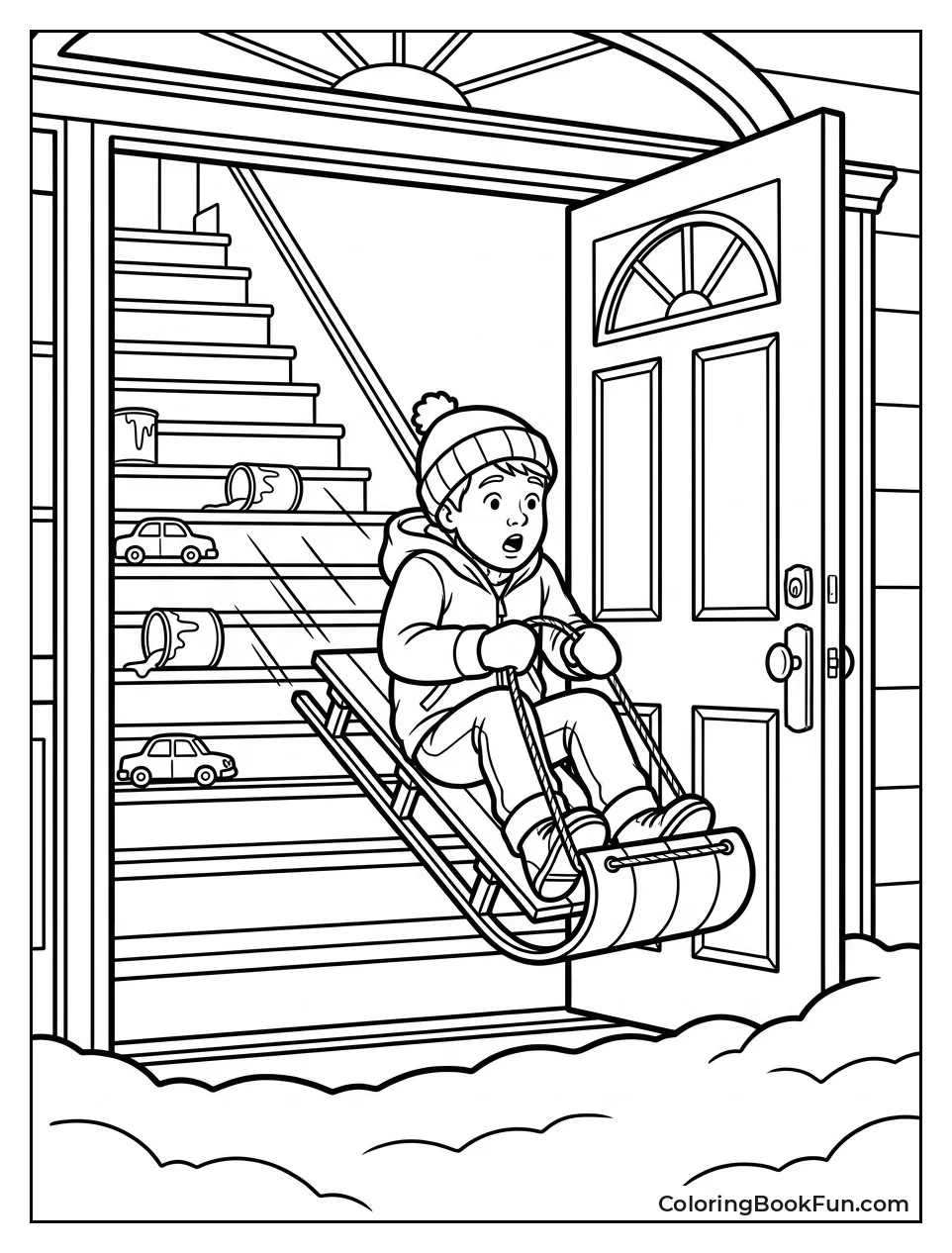Kevin Sleds Down the Stairs