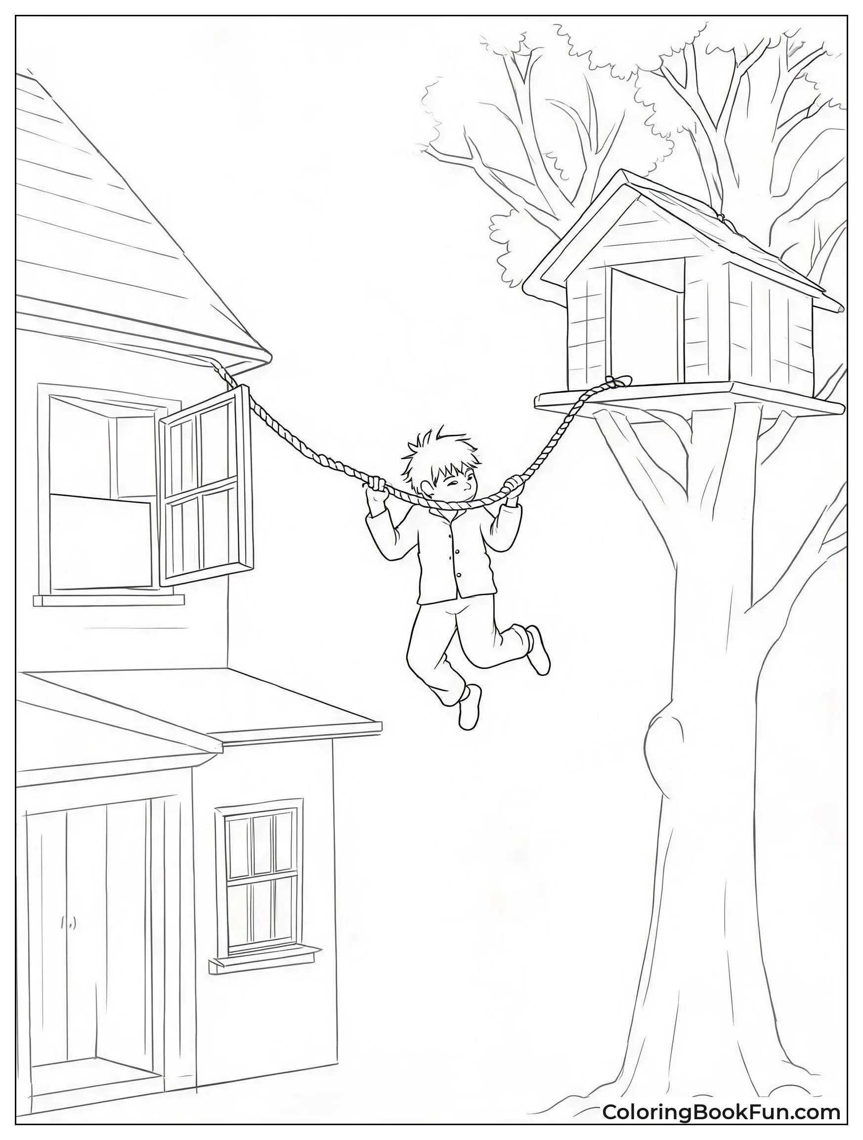 Kevin Slides Across Rope to Treehouse