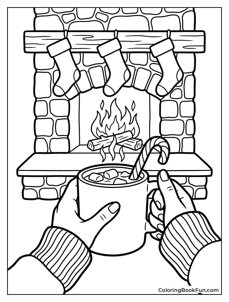 Hands Holding Cocoa by Fireplace