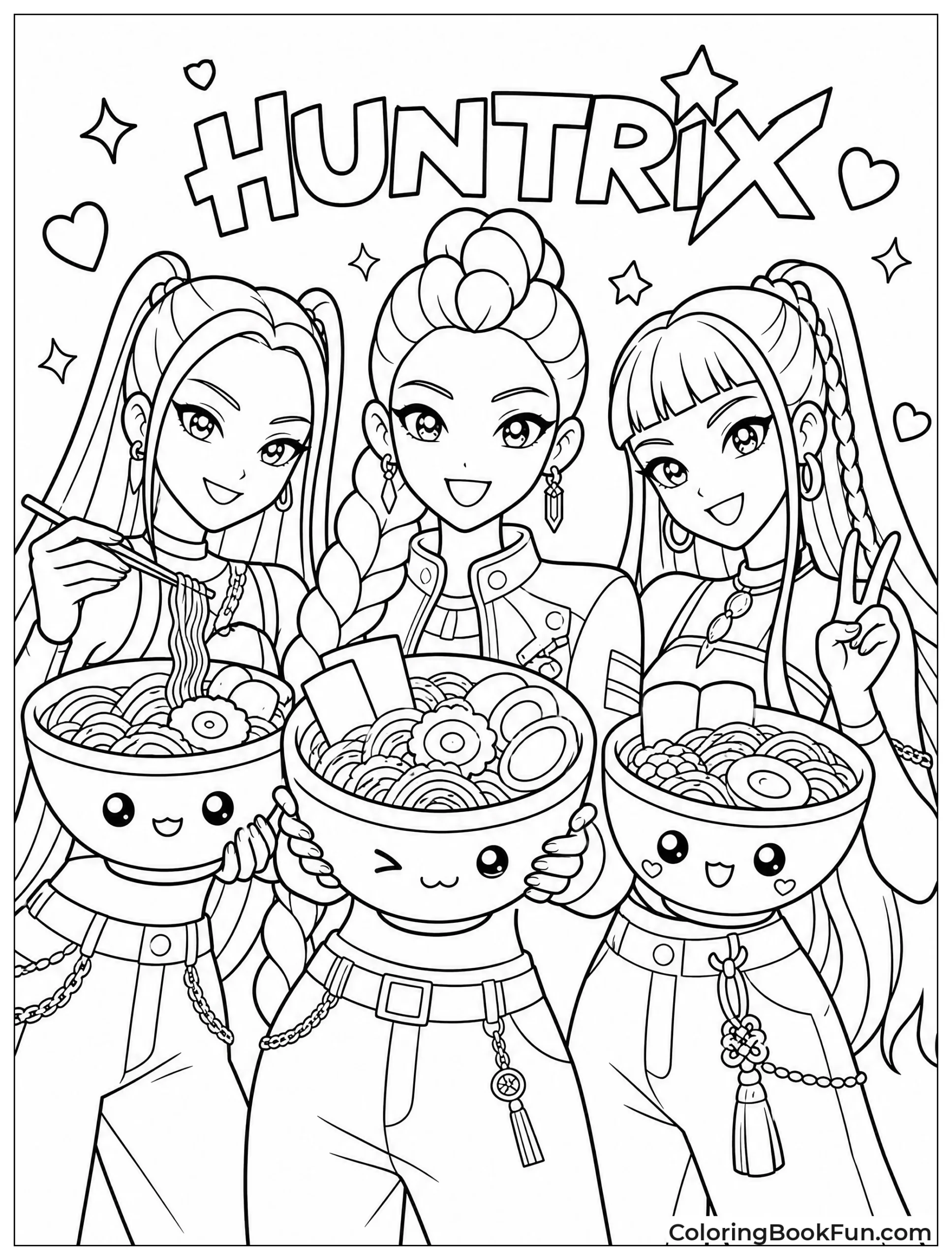 Huntrix Group Poses with Ramen Bowls