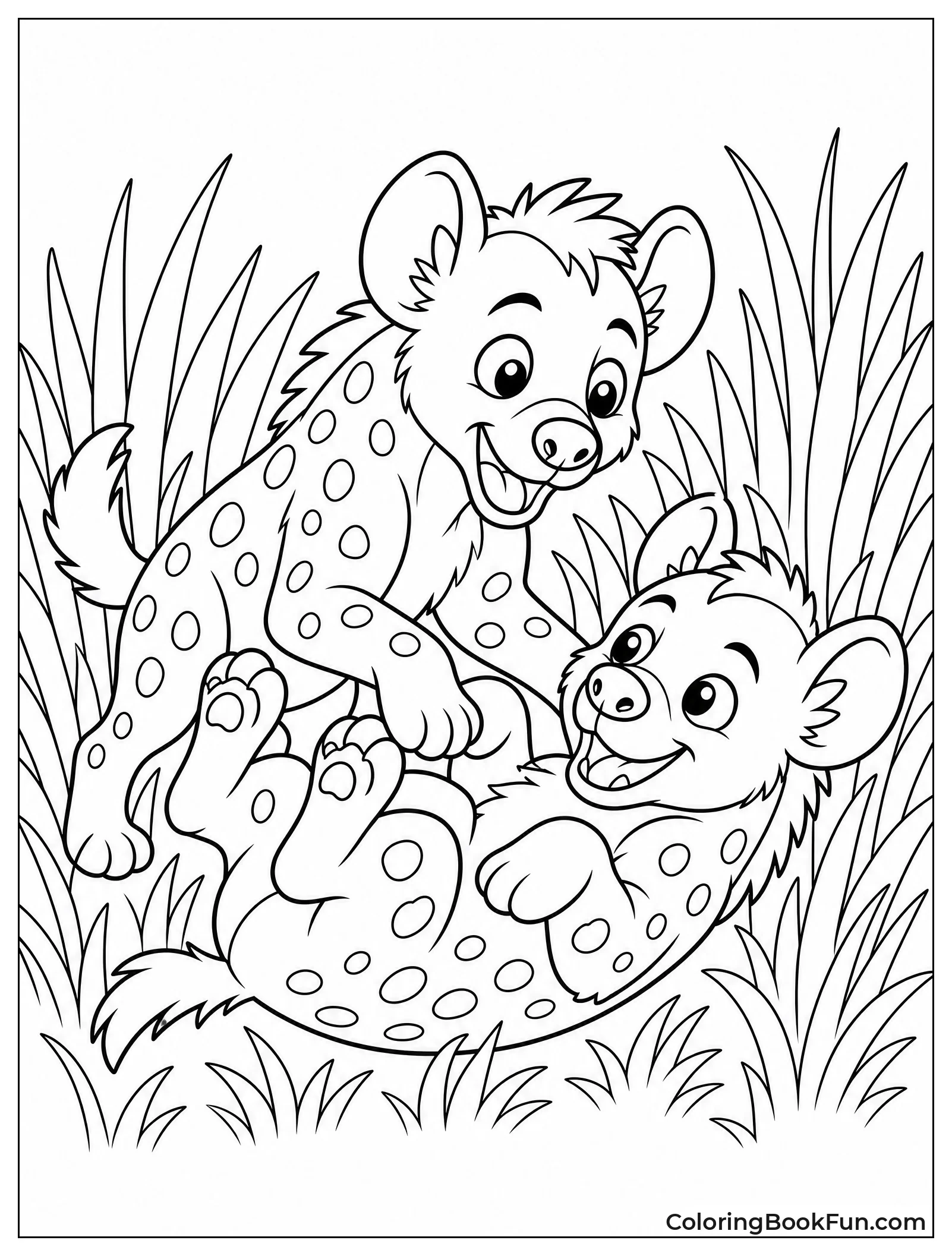 Two Hyenas Wrestling in Grass