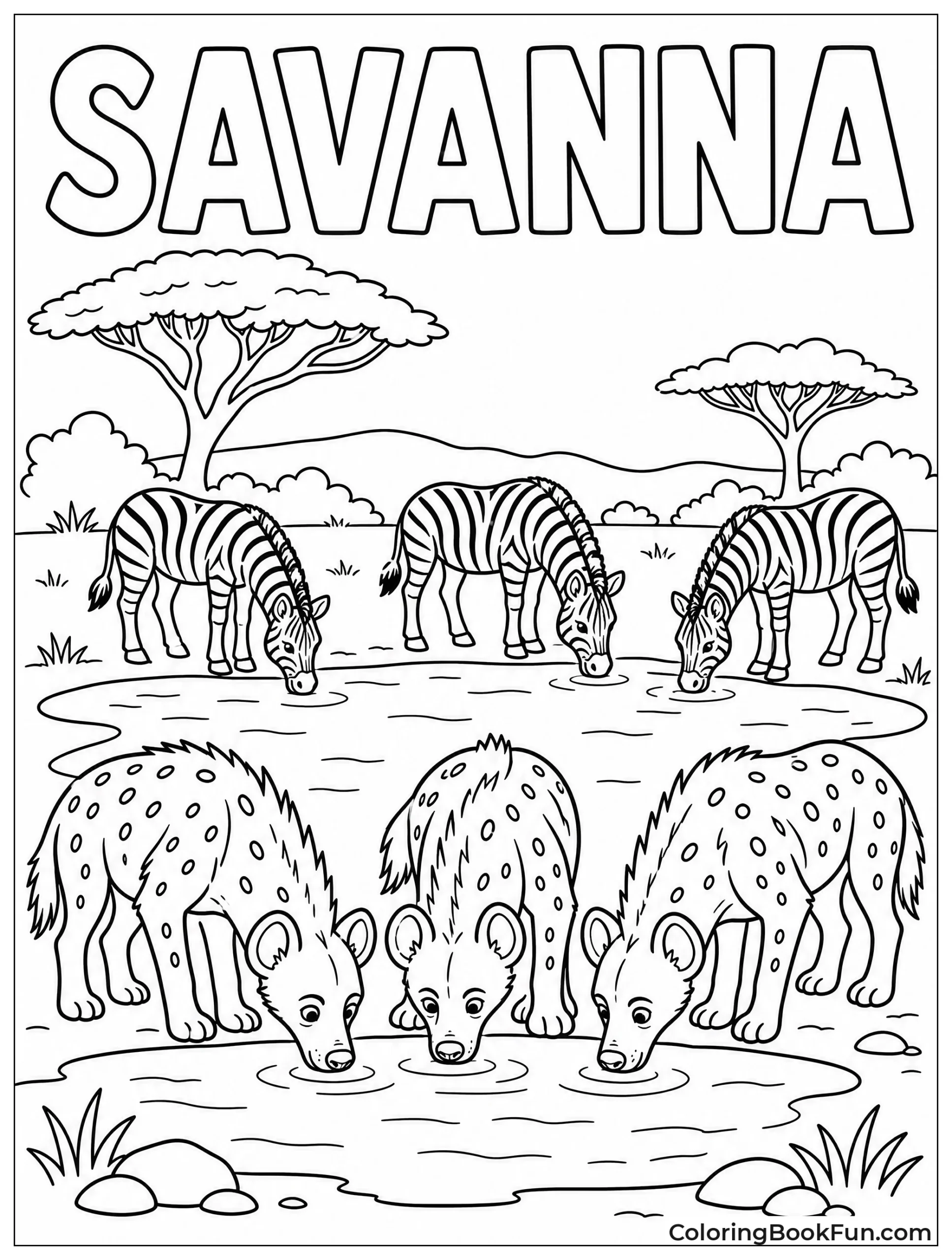 Hyenas Drinking at Watering Hole