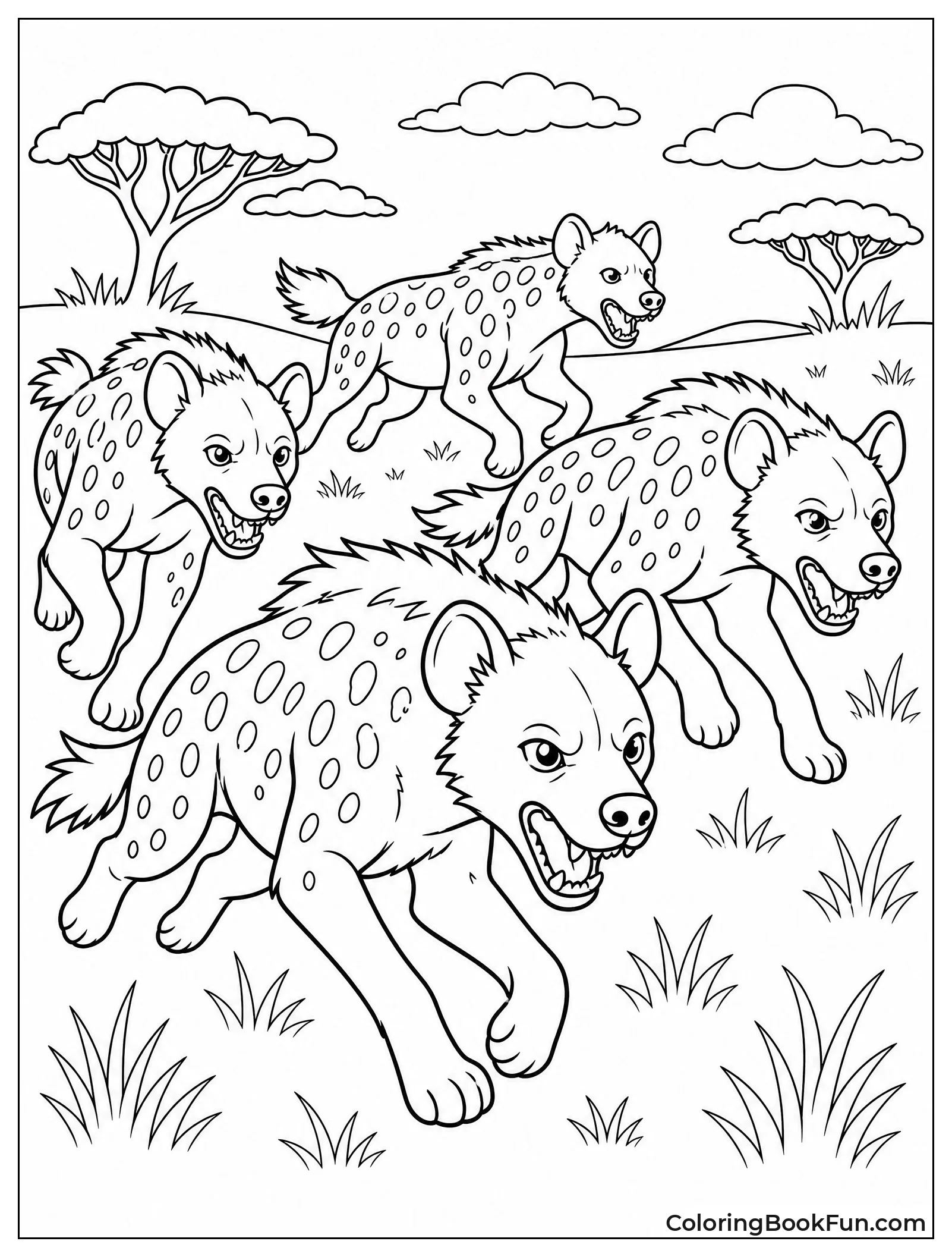 Hyenas Running Across Grasslands