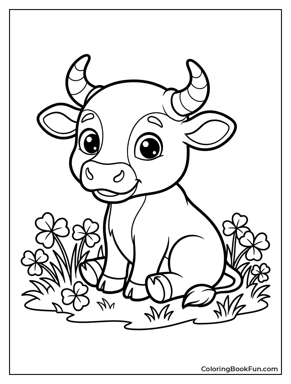 Kawaii Calf Sitting in Clover