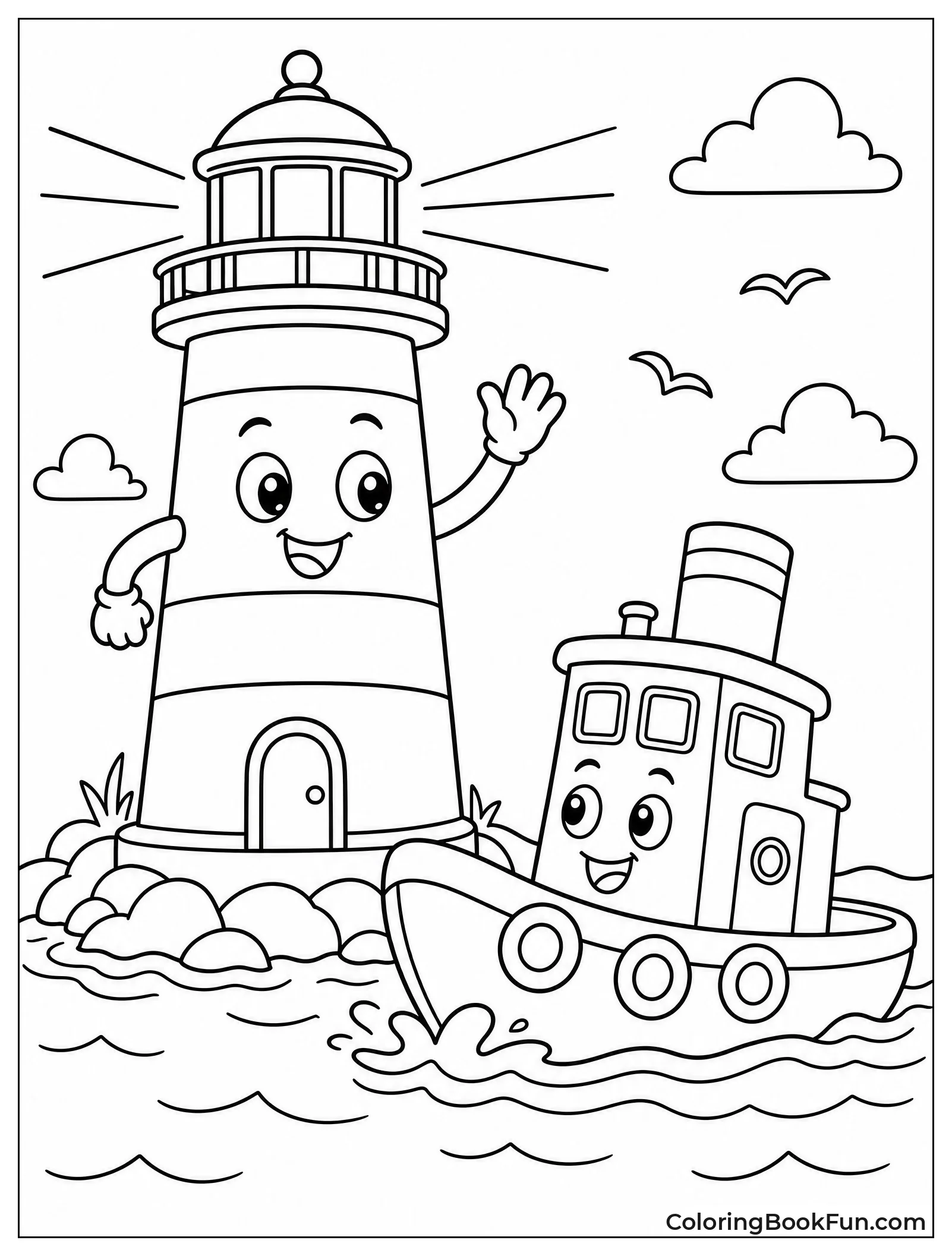 Cute Lighthouse Waving at Tugboat