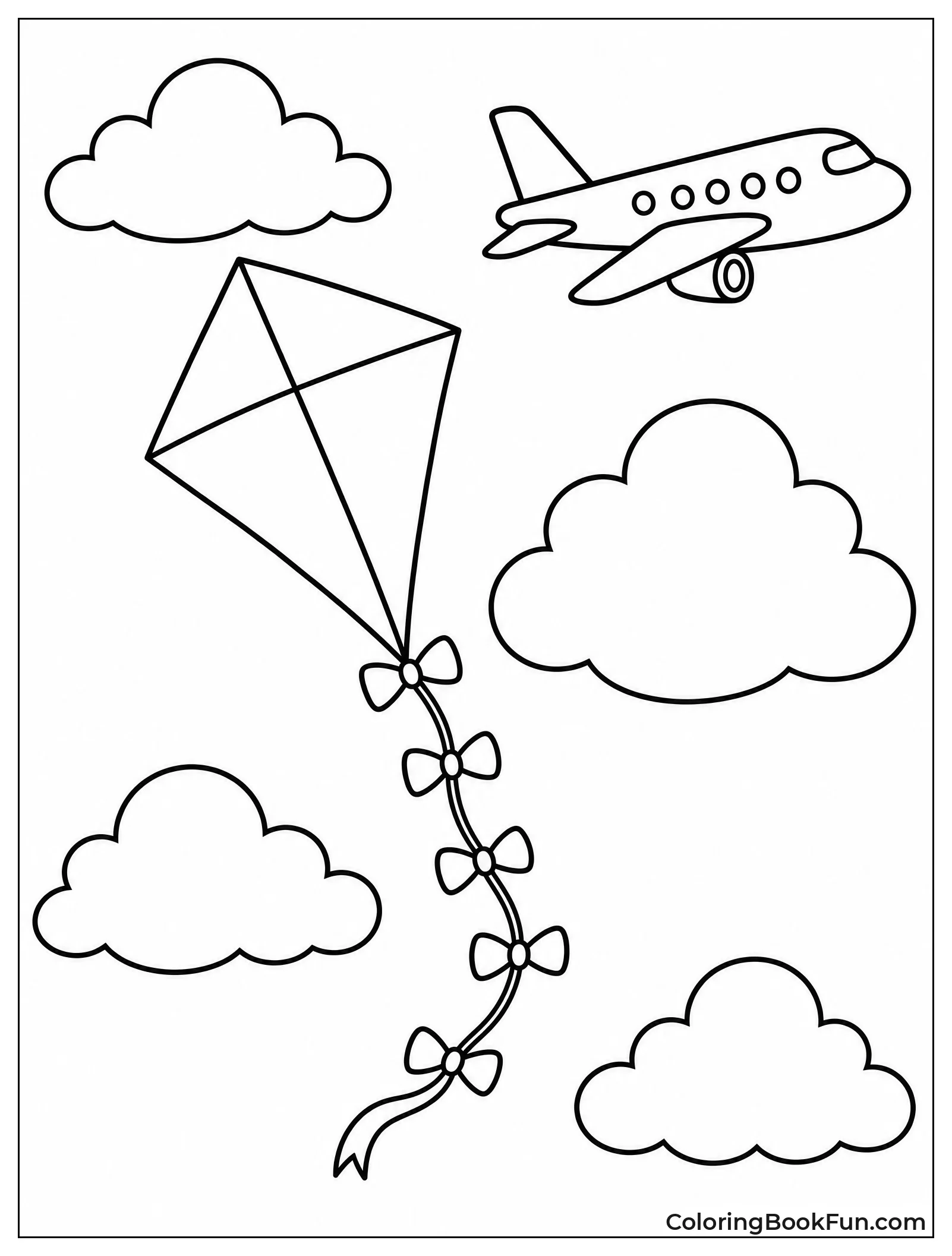 Kite Flies near Clouds and Plane