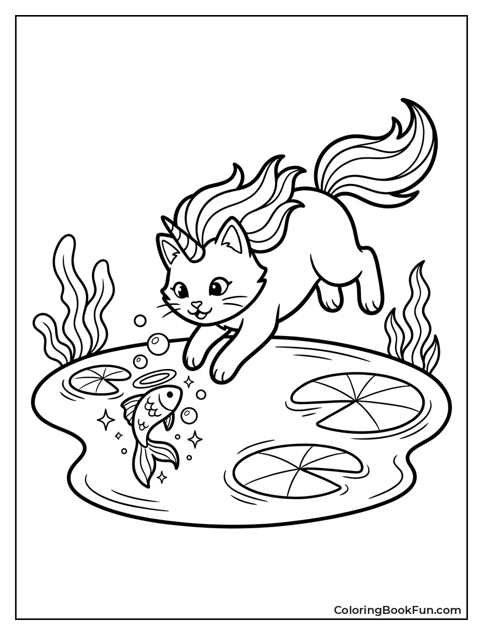 Kittycorn Chasing Glowing Fish in Pond