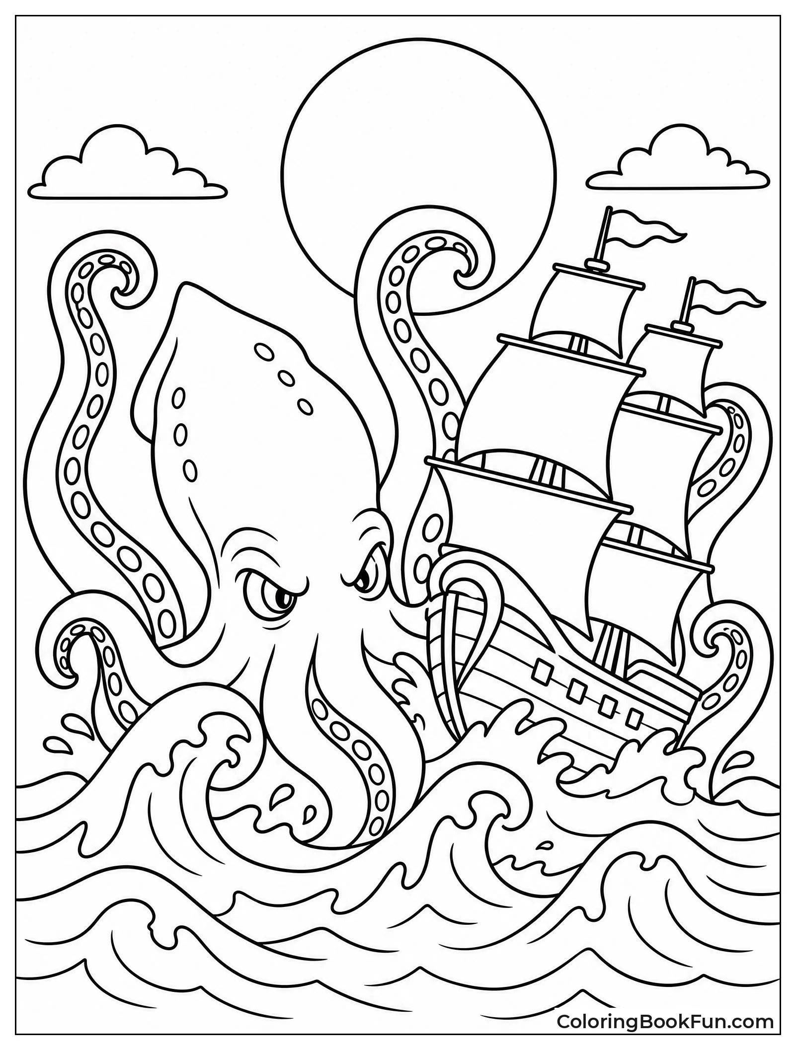 Kraken Silhouette on Moonlit Waves