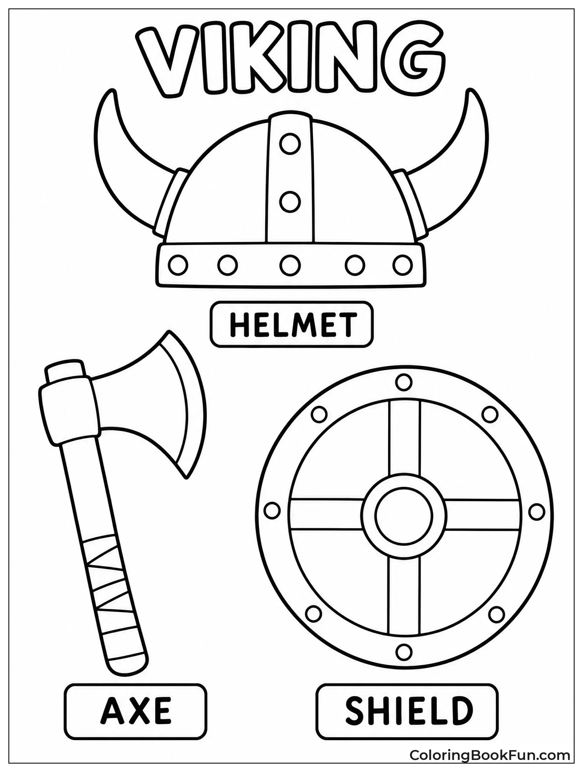 Labeled Viking Helmet Axe and Shield