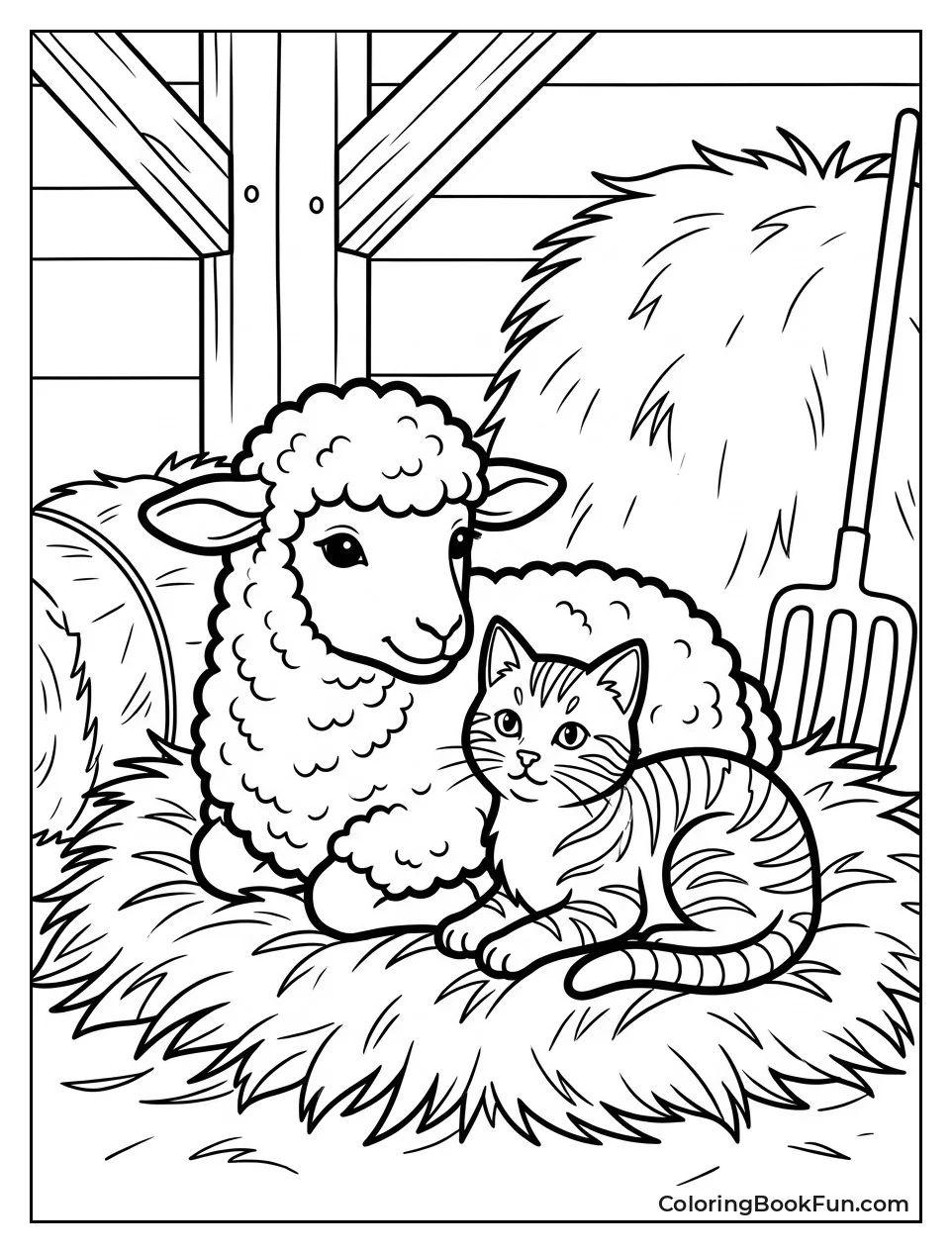 Lamb Shares Hay with Cat