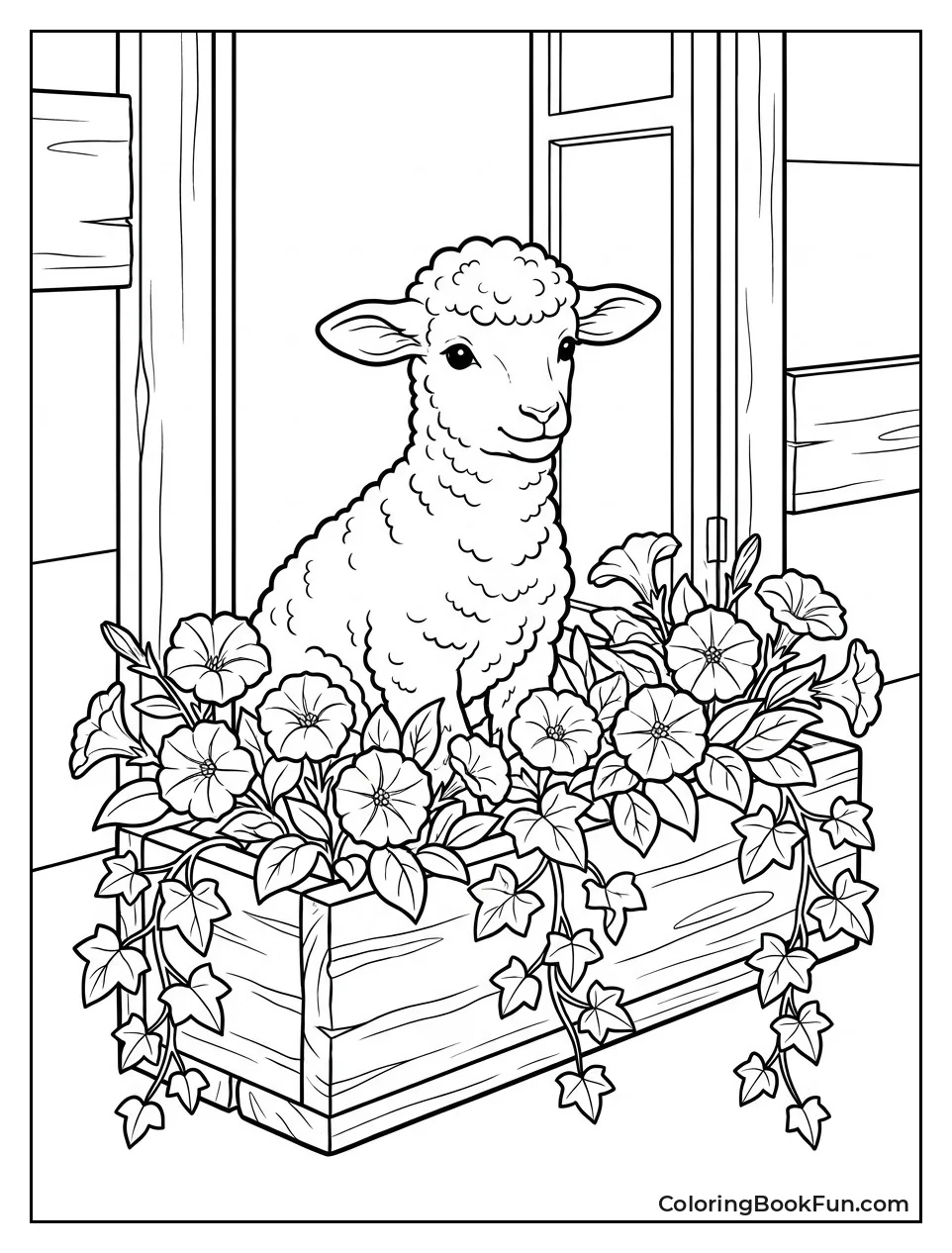 Lamb Sits in Flower Box