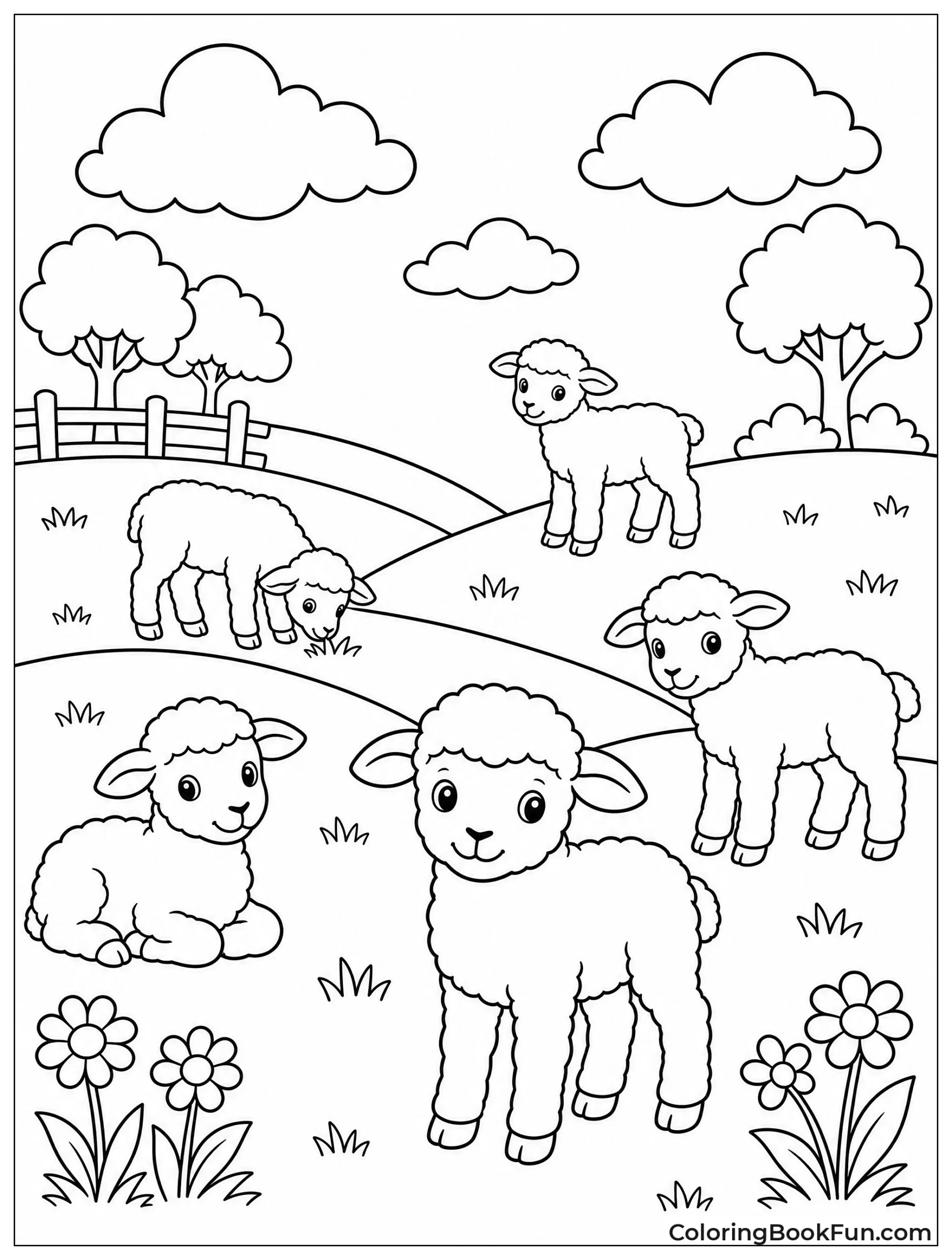 Lambs Scatter Across Rolling Hills
