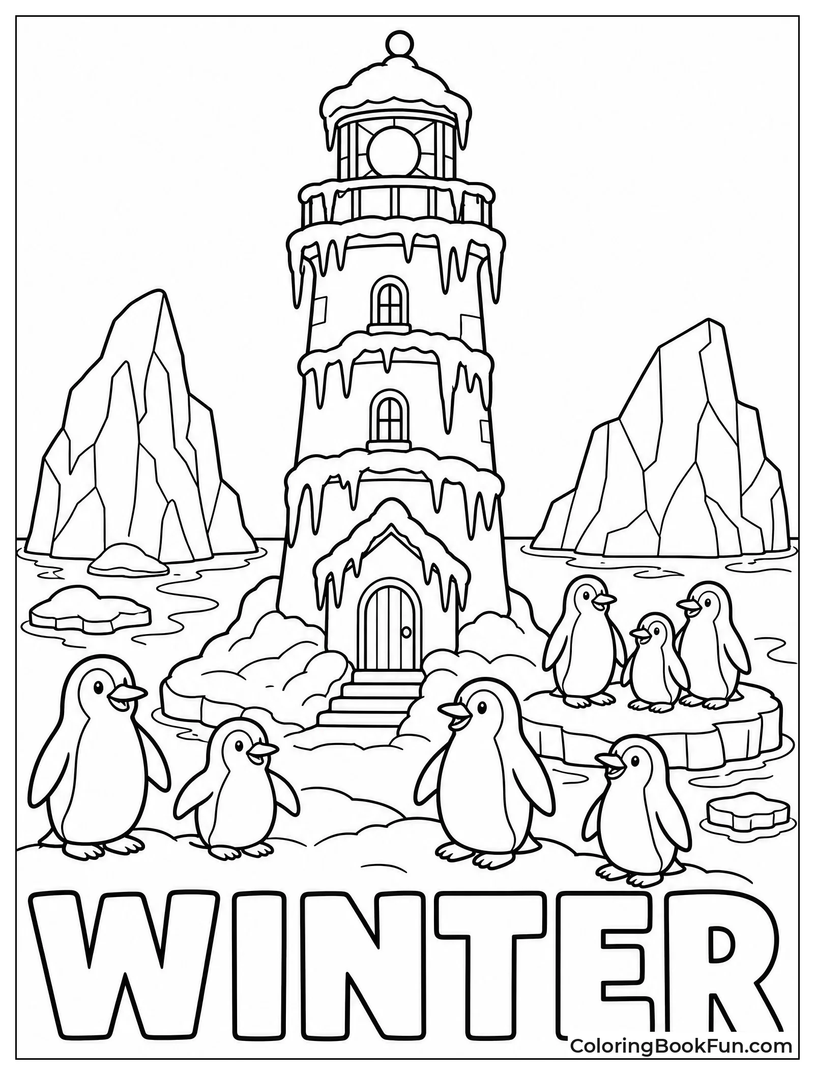 Snowy Lighthouse With Penguins