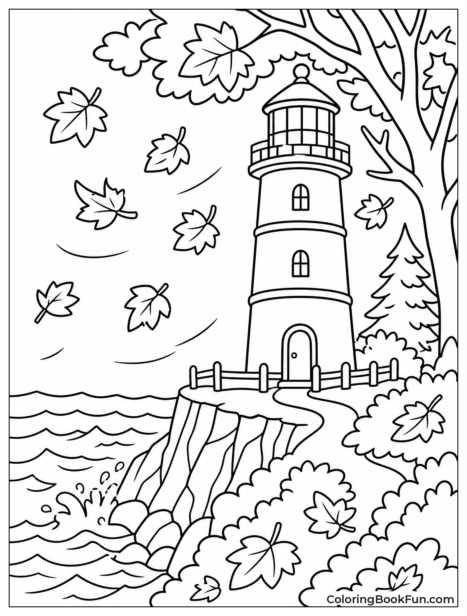 Lighthouse in Autumn With Leaves