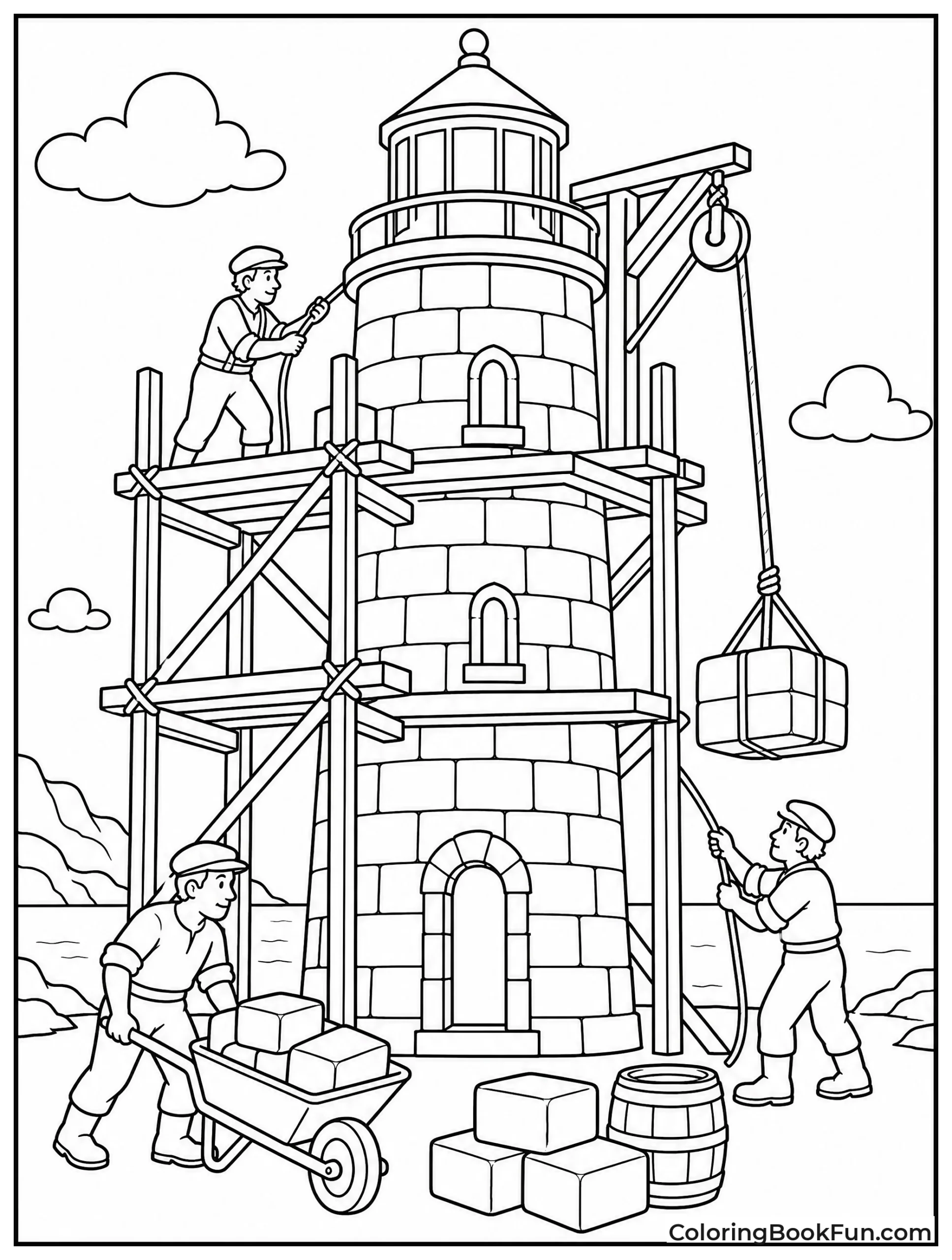 Workers Building Stone Lighthouse